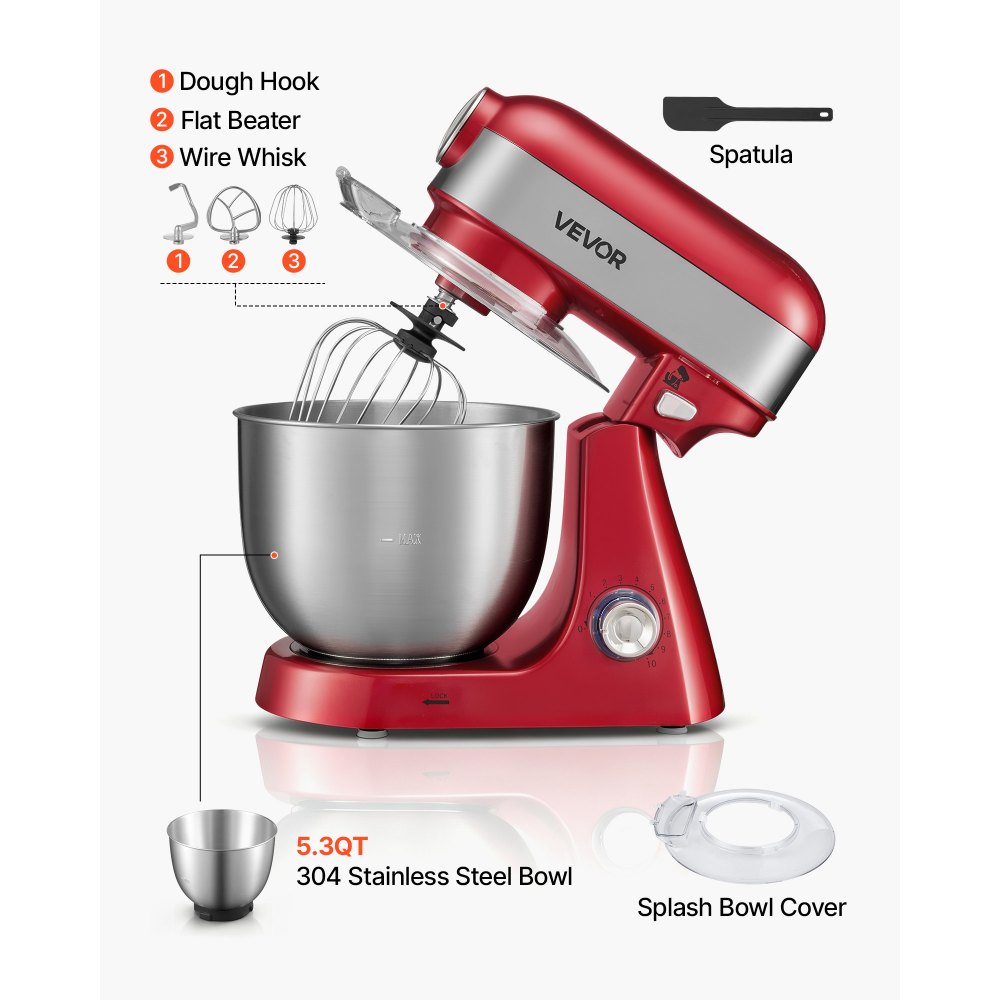 VEVOR 5L Tilt Head Stand Mixer 1000W Electric Dough Mixer, 10 Speeds Food Kitchen Mixer with Stainless Steel Bowl, Splash Guard, Dough Hook, Whisk, Beater, for Baking Mixing Whipping