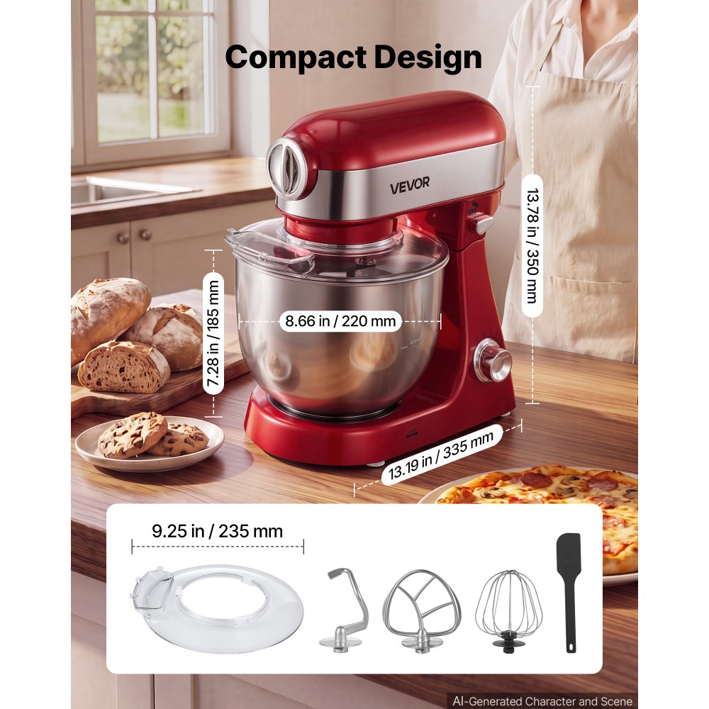 VEVOR 5L Tilt Head Stand Mixer 1000W Electric Dough Mixer, 10 Speeds Food Kitchen Mixer with Stainless Steel Bowl, Splash Guard, Dough Hook, Whisk, Beater, for Baking Mixing Whipping