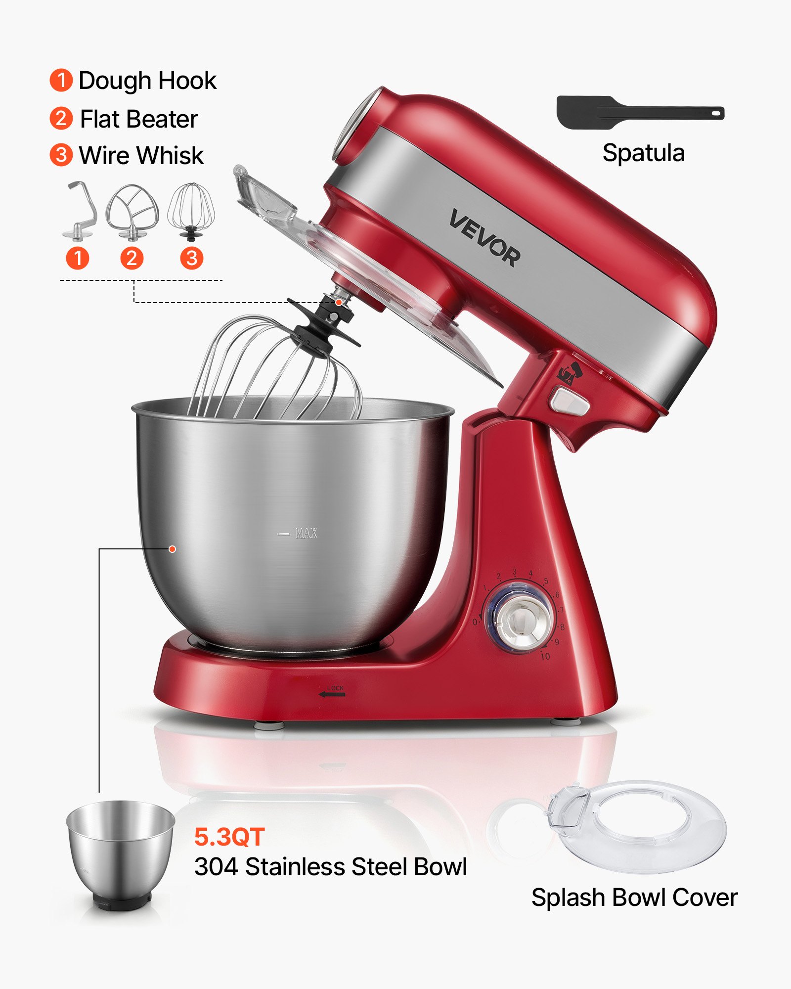 VEVOR 5L Tilt Head Stand Mixer 1000W Electric Dough Mixer, 10 Speeds Food Kitchen Mixer with Stainless Steel Bowl, Splash Guard, Dough Hook, Whisk, Beater, for Baking Mixing Whipping