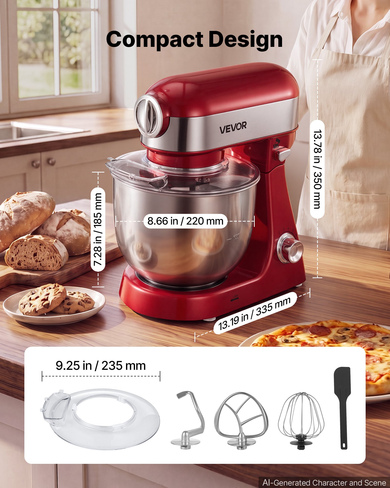 VEVOR 5L Tilt Head Stand Mixer 1000W Electric Dough Mixer, 10 Speeds Food Kitchen Mixer with Stainless Steel Bowl, Splash Guard, Dough Hook, Whisk, Beater, for Baking Mixing Whipping
