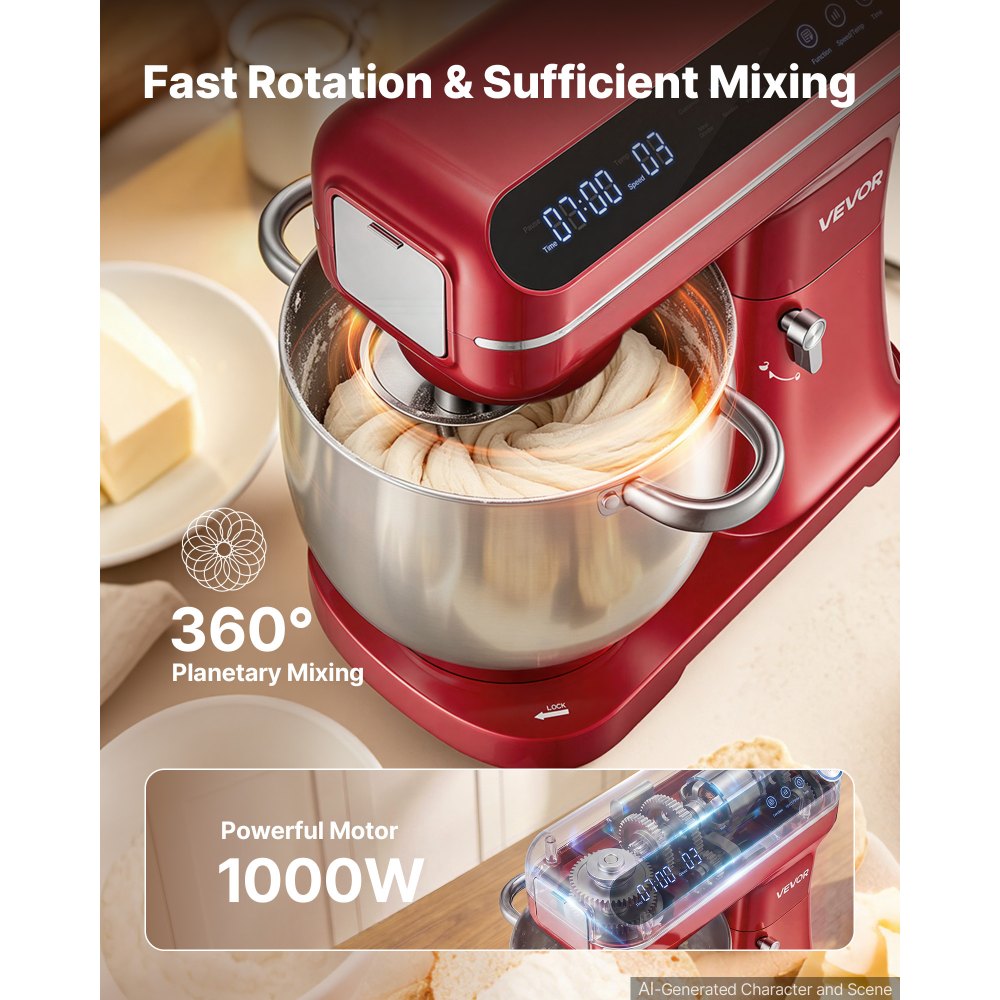 VEVOR Multifunctionele keukenmachine met kantelbare kop 7 liter 2-in-1 1000 W rood, mixer voor deeg, room, beslag en vlees, kneedmachine met mengkom, deeghaak, klopper en garde