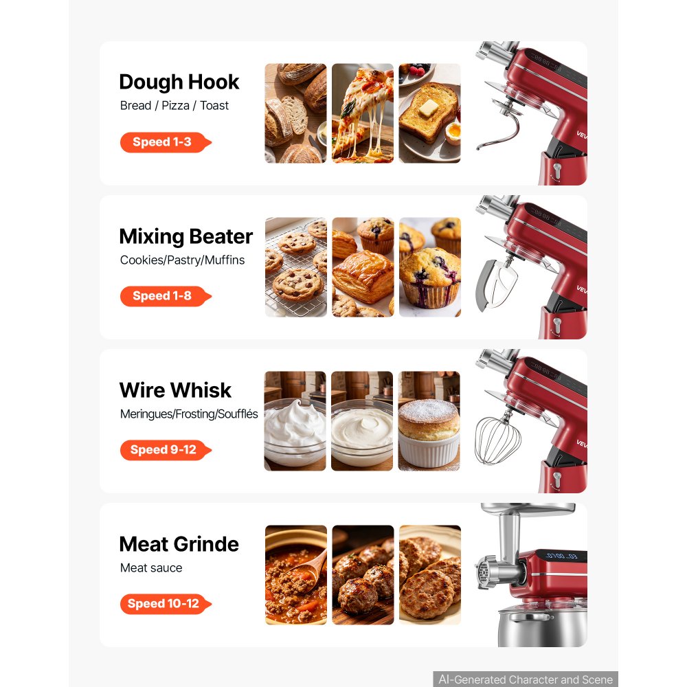 VEVOR Multifunctionele keukenmachine met kantelbare kop 7 liter 2-in-1 1000 W rood, mixer voor deeg, room, beslag en vlees, kneedmachine met mengkom, deeghaak, klopper en garde