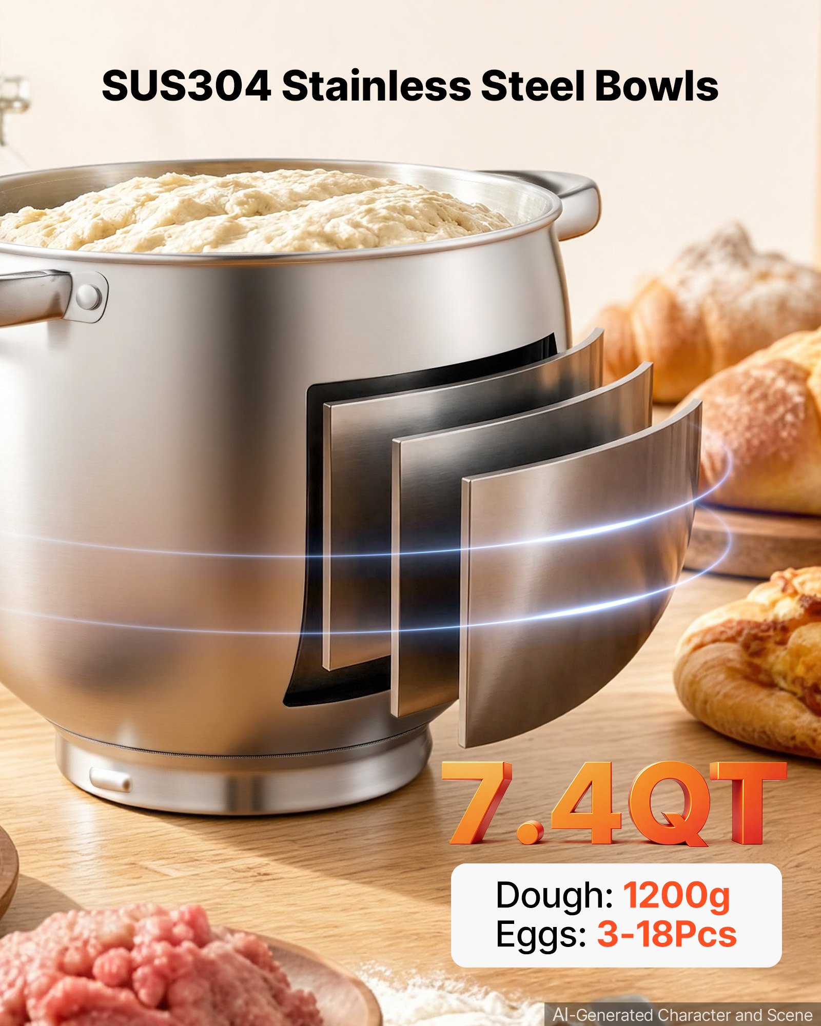 VEVOR Multifunctionele keukenmachine met kantelbare kop 7 liter 2-in-1 1000 W rood, mixer voor deeg, room, beslag en vlees, kneedmachine met mengkom, deeghaak, klopper en garde
