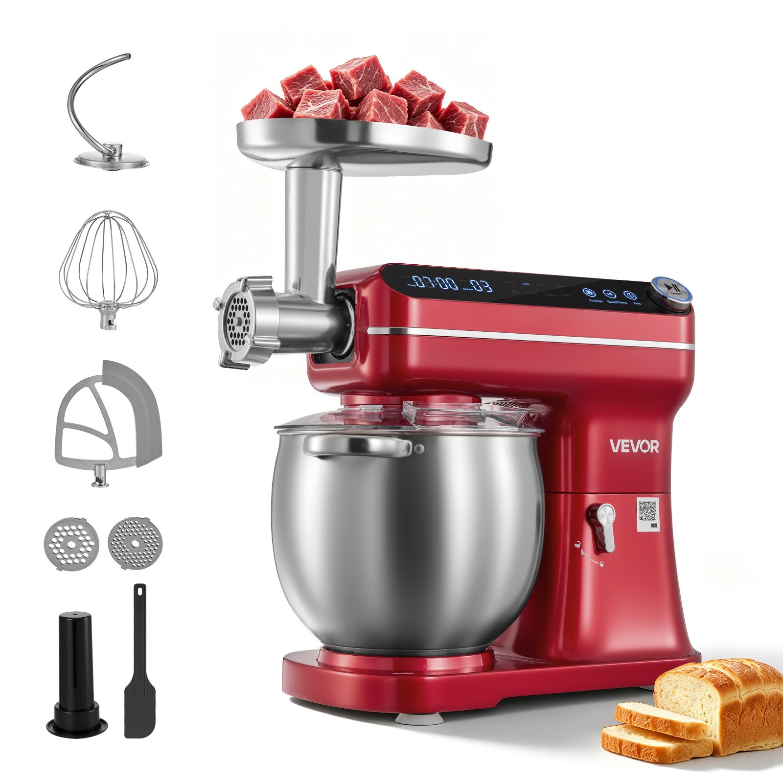 VEVOR Multifunctionele keukenmachine met kantelbare kop 7 liter 2-in-1 1000 W rood, mixer voor deeg, room, beslag en vlees, kneedmachine met mengkom, deeghaak, klopper en garde