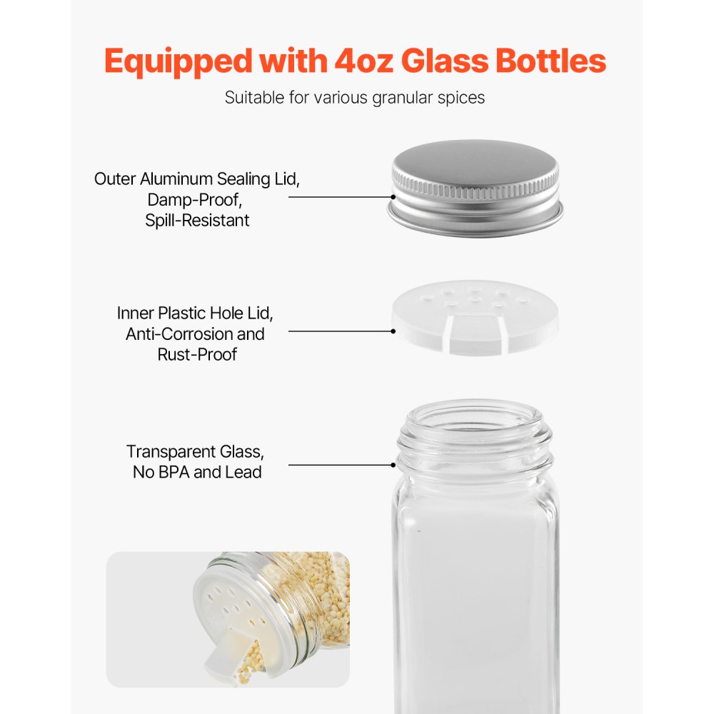 VEVOR Spice Rack Organizer for Cabinet, Spice Organizer with 72 Empty Spice Jars, Lids, Spice Labels, and Funnel Complete Set, Seasoning Organizer for Countertop, Kitchen, Pantry, Cupboard, 23x16 in