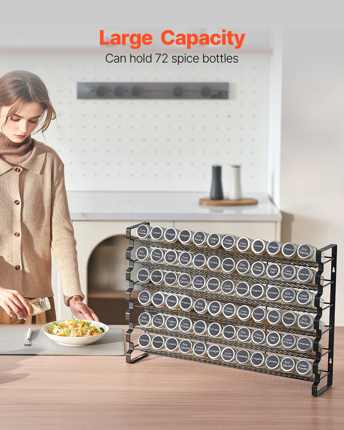 VEVOR Spice Rack Organizer for Cabinet, Spice Organizer with 72 Empty Spice Jars, Lids, Spice Labels, and Funnel Complete Set, Seasoning Organizer for Countertop, Kitchen, Pantry, Cupboard, 23x16 in