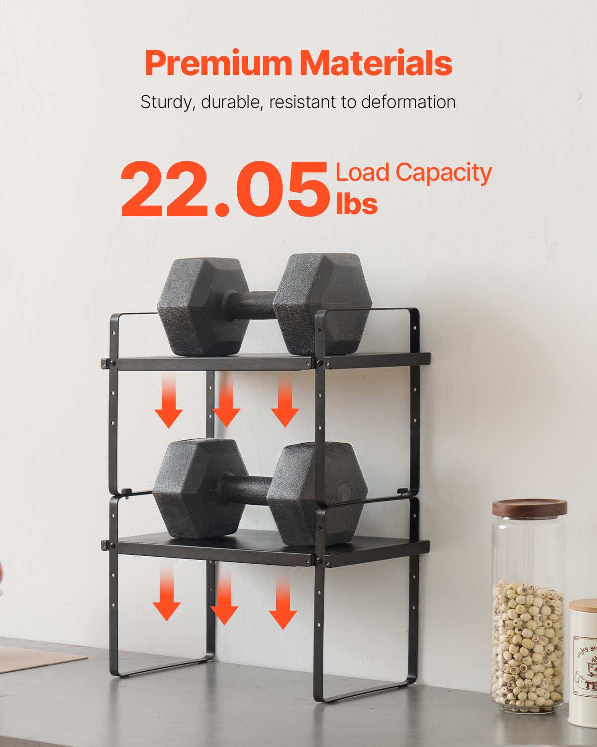 VEVOR Verstelbare kruidenrek, staand, 2-laags, grote capaciteit keukenplank, stapelbare organizer voor op het aanrecht, opbergruimte, voorraadkast, organizer voor keuken, badkamer, kantoor, zwart