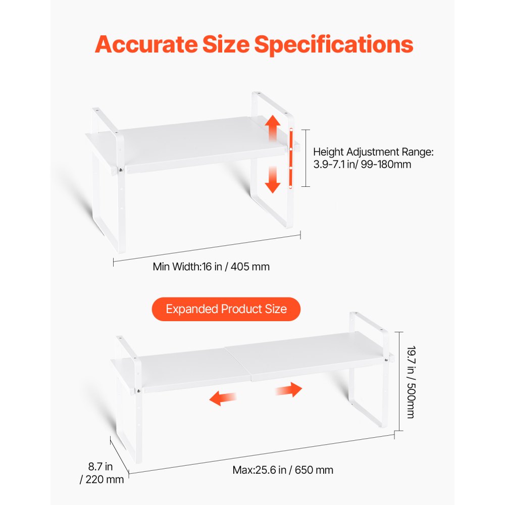 VEVOR Adjustable Kitchen Cabinet Shelf Organizer, Expandable 2 Tier Cabinet Shelf, Stackable Countertop Organizers and Storage Shelf Risers, Pantry Organizers for Kitchen Bathroom Office, White