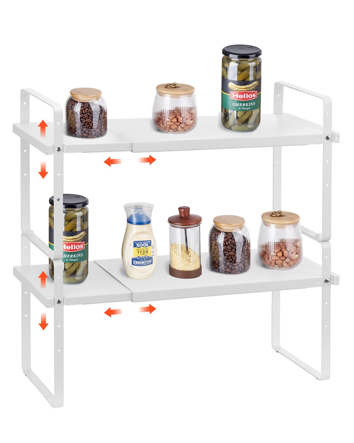 VEVOR Adjustable Kitchen Cabinet Shelf Organizer, Expandable 2 Tier Cabinet Shelf, Stackable Countertop Organizers and Storage Shelf Risers, Pantry Organizers for Kitchen Bathroom Office, White