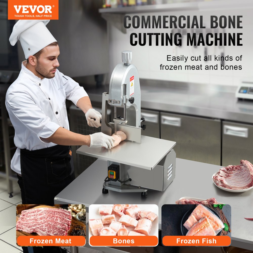 VEVOR Commercial Electric Meat Bandsaw, 1800W Stainless Steel Countertop Bone Sawing Machine, Workbeach 15" x 19.1", 7.09 Inch Max Cutting Thickness, Frozen Meat Cutter with 5 Blades for Rib Pork Beef
