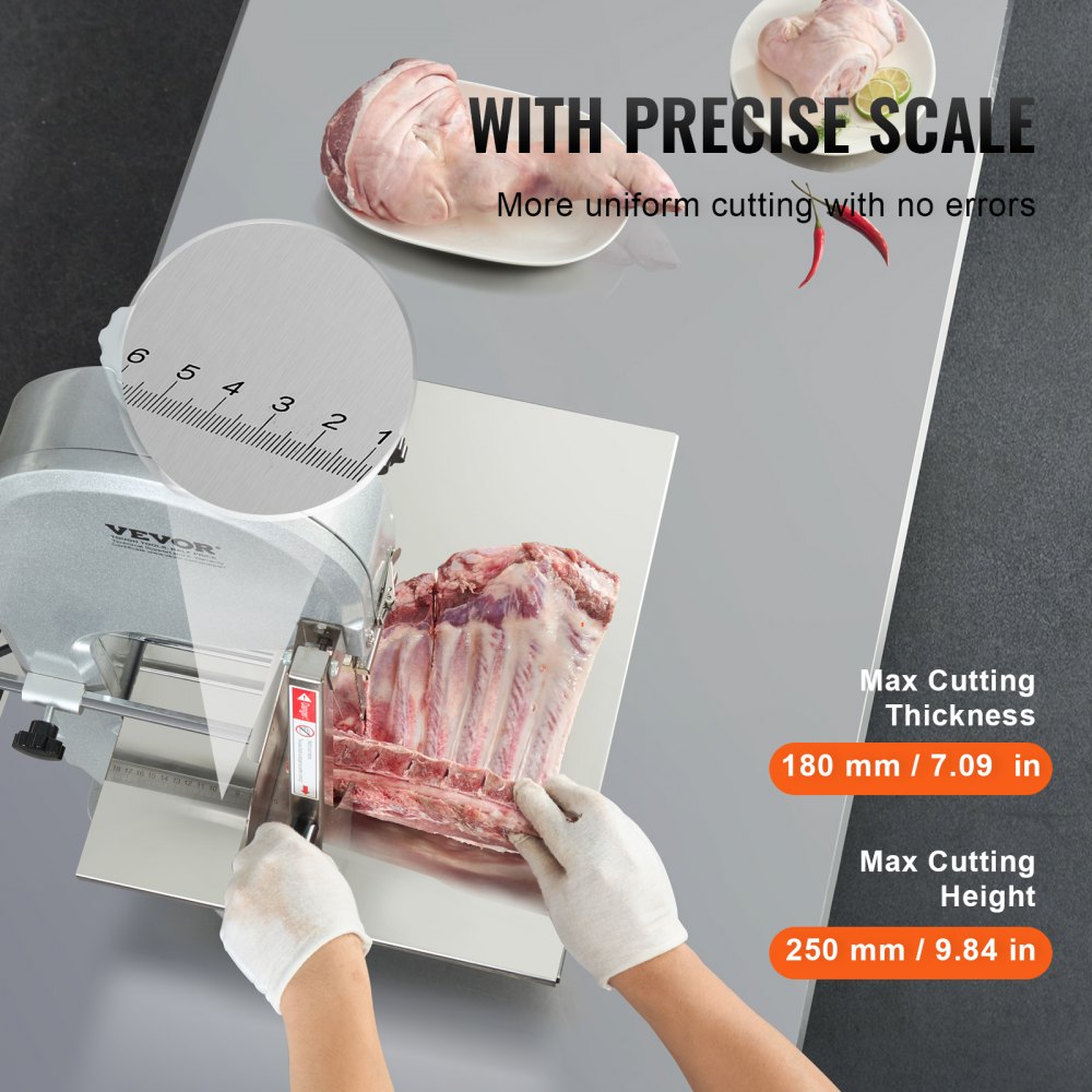 VEVOR Commercial Electric Meat Bandsaw, 1800W Stainless Steel Countertop Bone Sawing Machine, Workbeach 15" x 19.1", 7.09 Inch Max Cutting Thickness, Frozen Meat Cutter with 5 Blades for Rib Pork Beef
