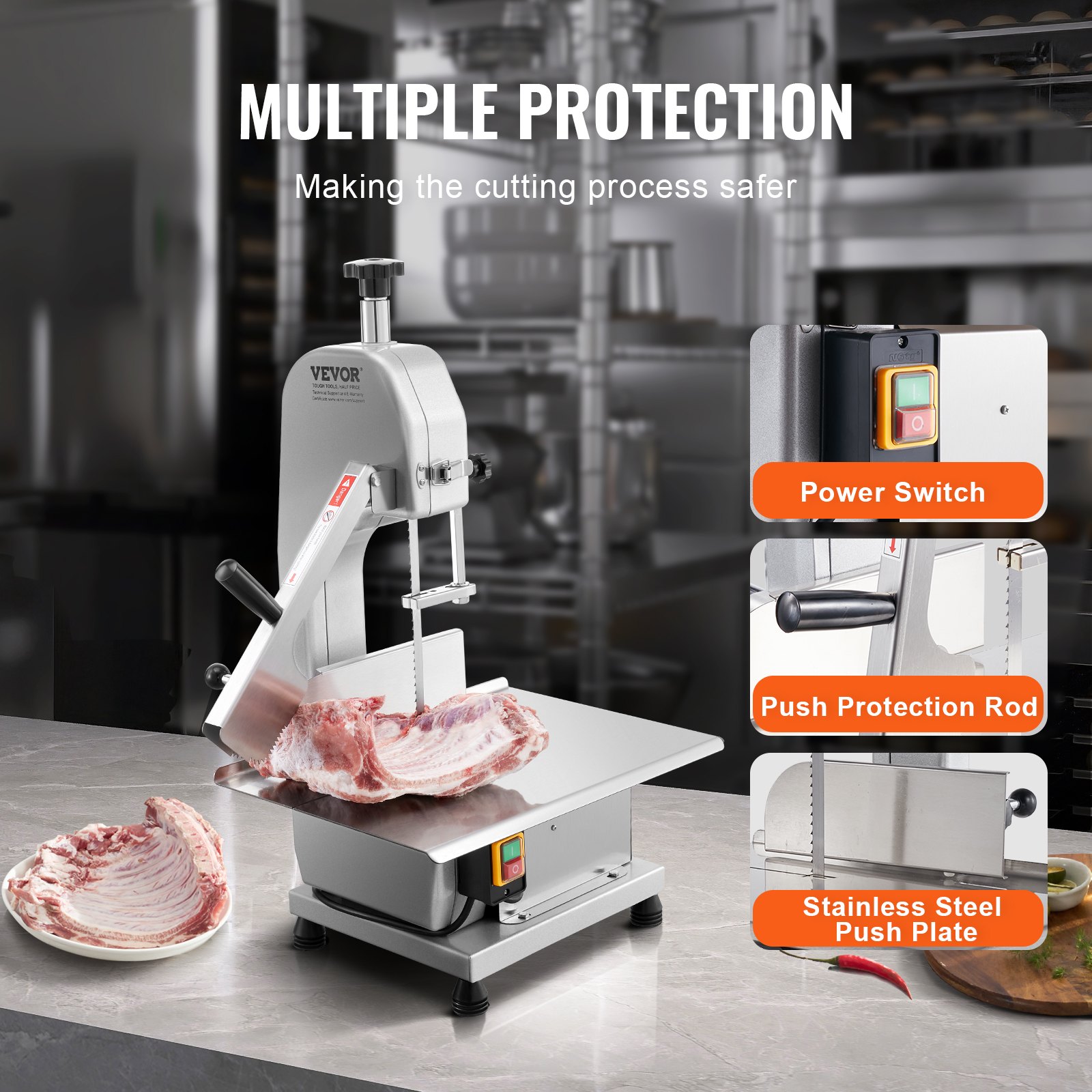 VEVOR Commercial Electric Meat Bandsaw, 1800W Stainless Steel Countertop Bone Sawing Machine, Workbeach 15" x 19.1", 7.09 Inch Max Cutting Thickness, Frozen Meat Cutter with 5 Blades for Rib Pork Beef