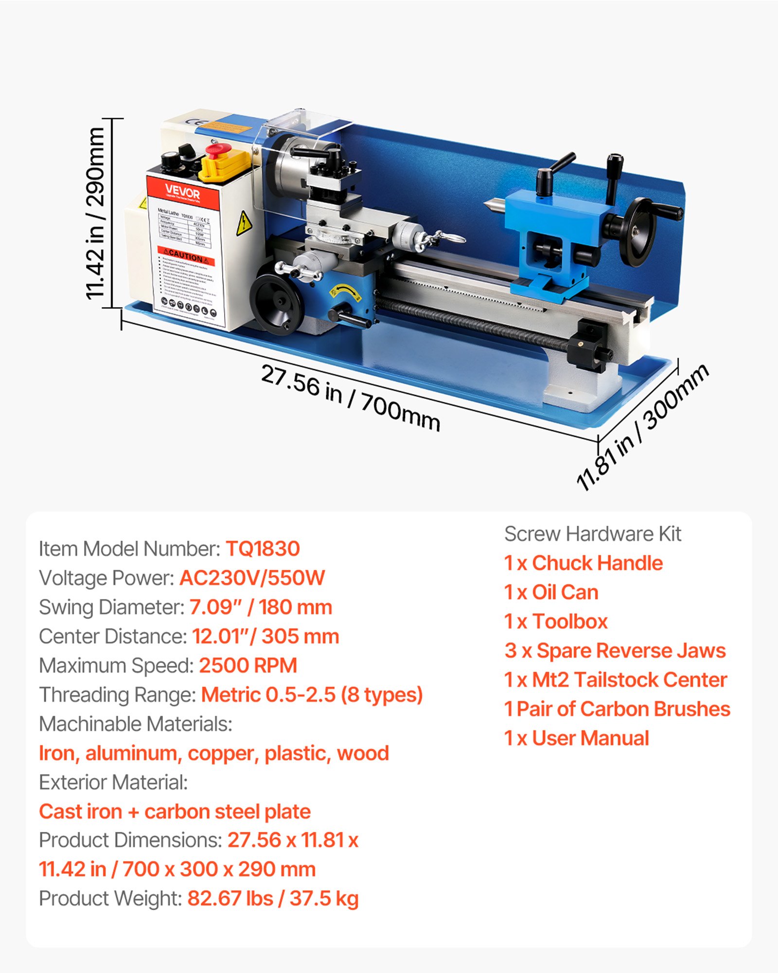 VEVOR Metaaldraaibank 180 x 305 mm 550 W, Metaaldraaibank voor doe-het-zelvers, modelbouwers, reparaties en metaalbewerking, met noodstop, spankopvergrendeling en variabele snelheidsregeling