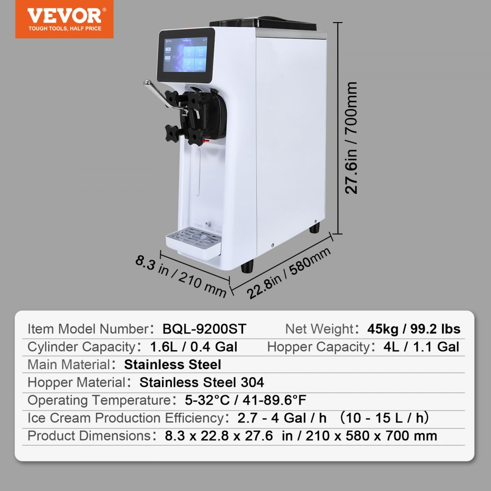 VEVOR Commerciële IJsmachine, 10 L/u Uitvoer, Softijsmachine, Enkele Smaak, Aanrecht, 4 L Vultrechter, 1,6 L Cilinder, Touchscreen, Automatische Reiniging, Voorkoelen Snackrepen