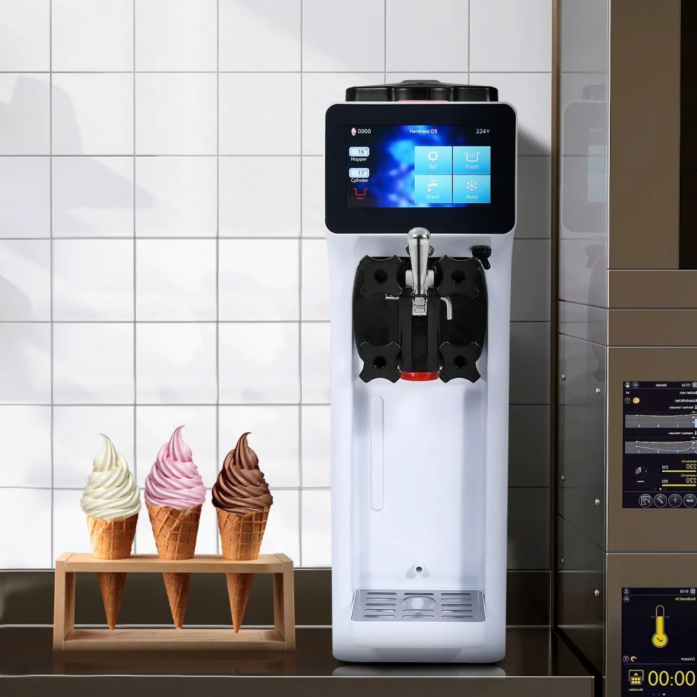 VEVOR Commerciële ijsmachine, capaciteit 10 l/u, softijsmachine, één smaak, tafelmodel, 4 l reservoir, 1,6 l cilinder, touchscreen, automatische reiniging, voorkoeling, snackbars