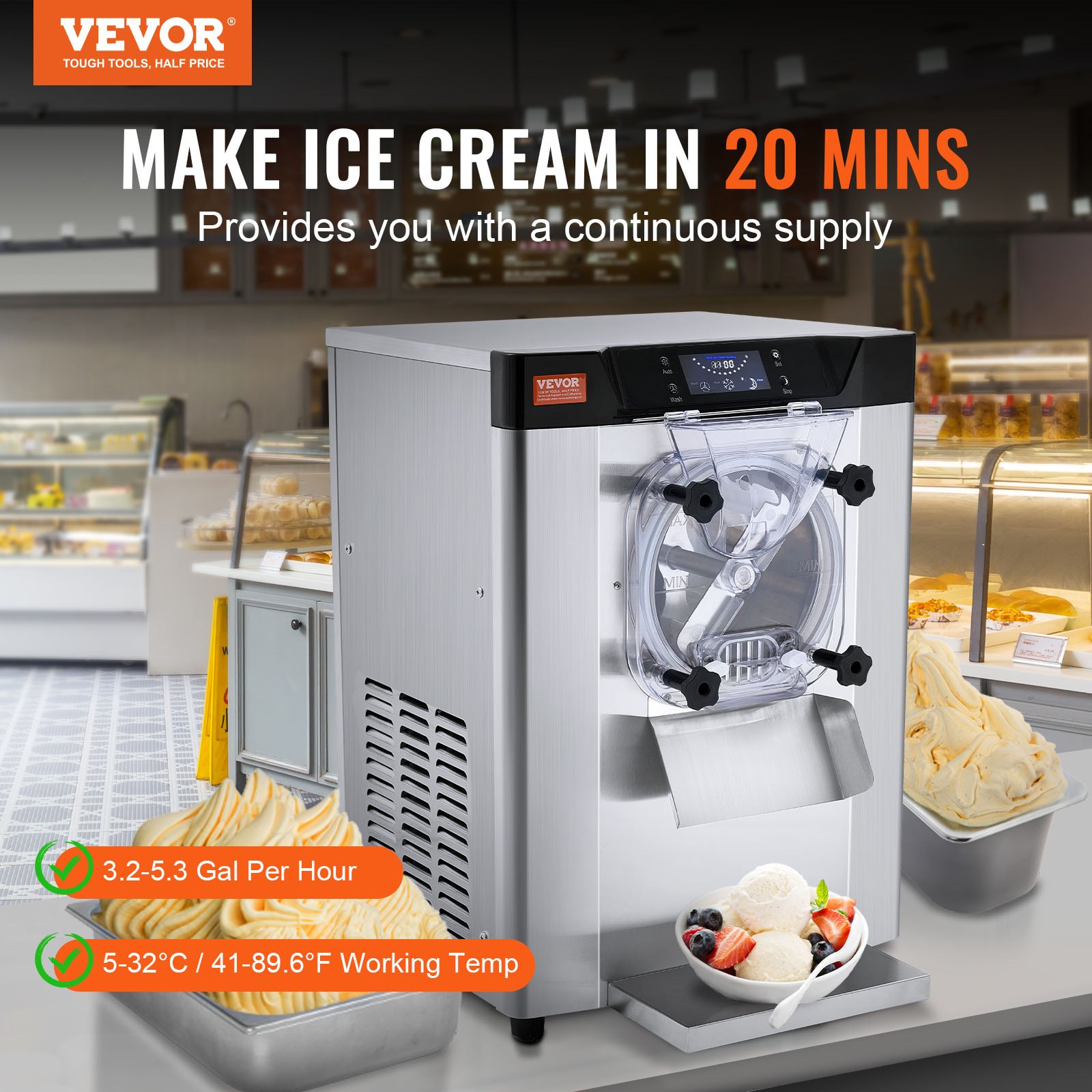 VEVOR Commercial Ice Cream Machine, 12 L/H Yield, 1295W Single Flavor Countertop Hard Serve Ice Cream Maker,  4.5L Stainless Steel Cylinder, LED Panel Auto Clean Pre-cooling, for Restaurant Snack Bars
