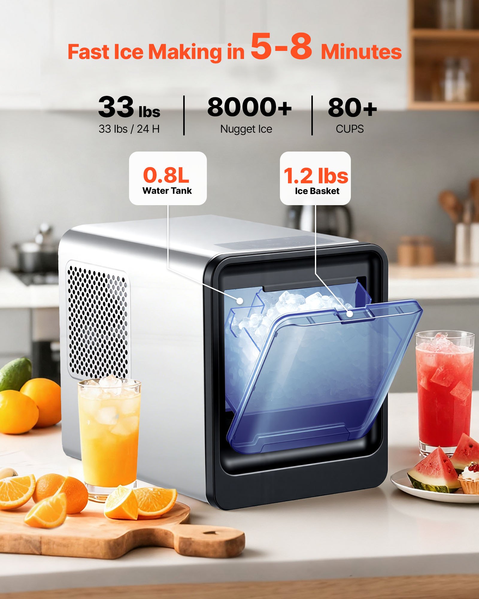 VEVOR Tafelmodel IJsblokjesmachine, 15 kg per dag, Zelfreinigend & Draagbaar IJsblokjesbakje met Schepje & IJsblokjeslade, IJsblokjesmachine voor kauwijs voor thuis, keuken, kantoor, bar, feesten