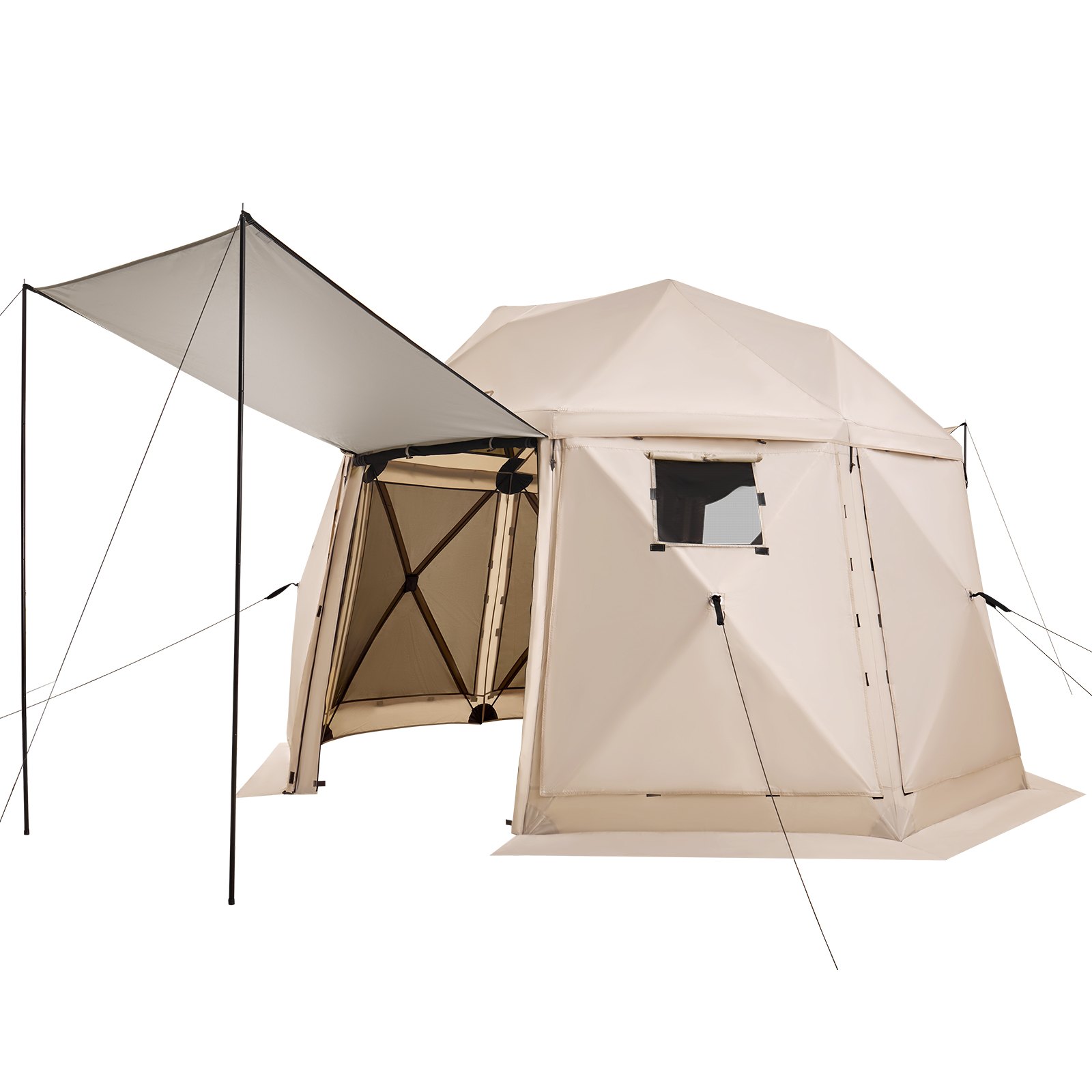 VEVOR Pop-up Paviljoen 3,6 x 3,6 m, 13-zijdige, bolvormige campingtent met afneembaar dak en draagtas, 360° ventilatie, zonwering, partytent voor 8-10 personen, beige