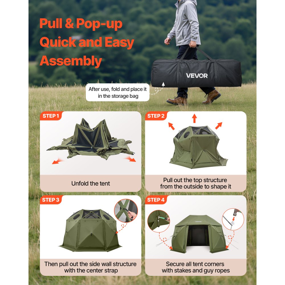 VEVOR Pop-up Paviljoen, 3,96 x 3,96 m, 13-zijdig, bolvormige kampeertent met afneembaar dak en draagtas, 360° ventilatie, zonwering, partytent voor 10-12 personen, groen