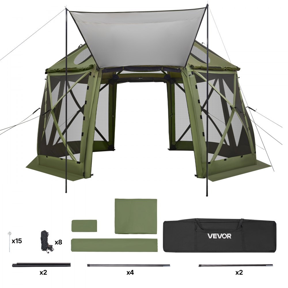 VEVOR Pop-up Paviljoen, 3,96 x 3,96 m, 13-zijdig, bolvormige kampeertent met afneembaar dak en draagtas, 360° ventilatie, zonwering, partytent voor 10-12 personen, groen