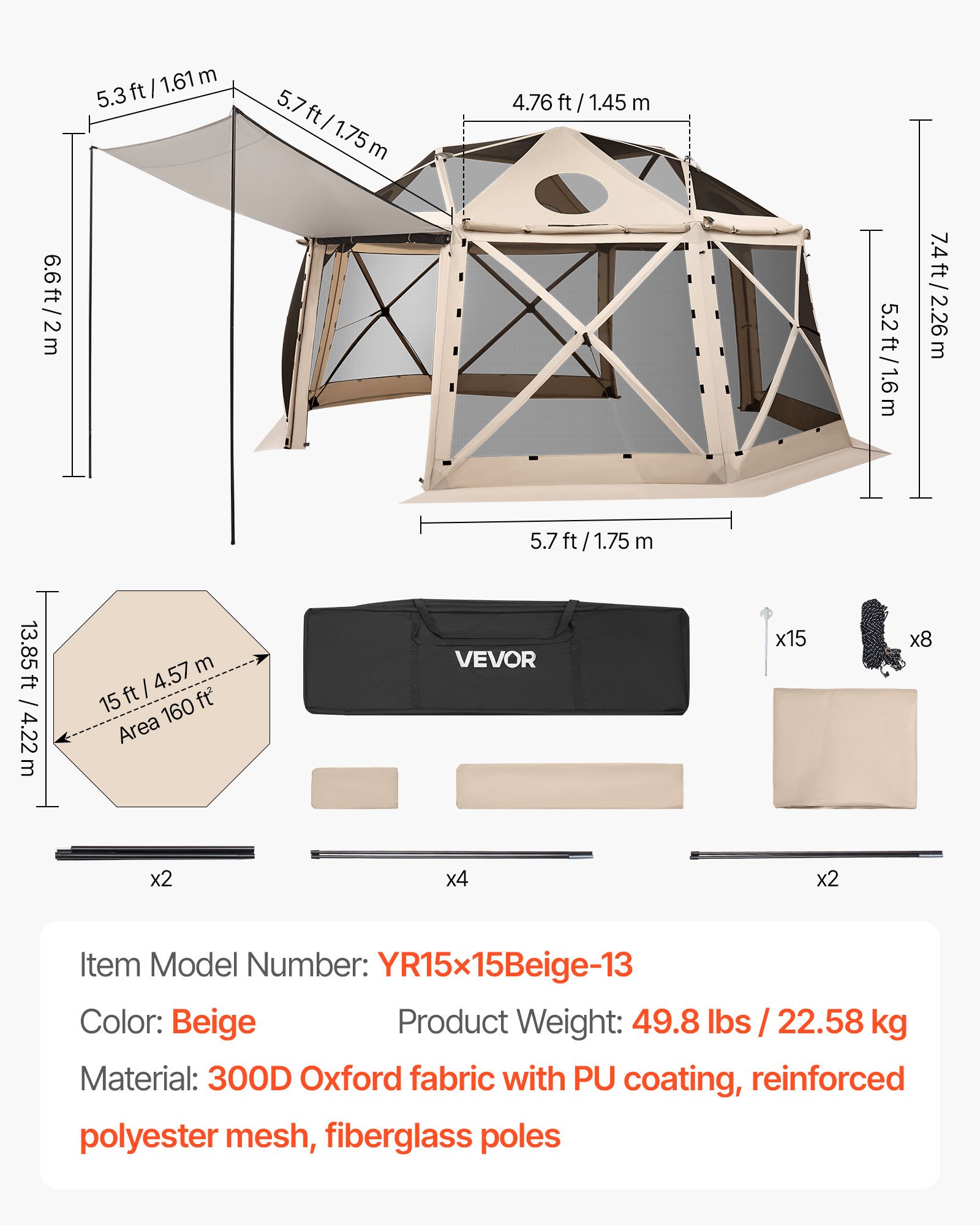 VEVOR Pop-up Paviljoen, 4,57 x 4,57 m, 13-zijdige, bolvormige kampeertent met afneembaar dak en draagtas, 360° ventilatie, zonnescherm, partytent voor 12-15 personen, beige
