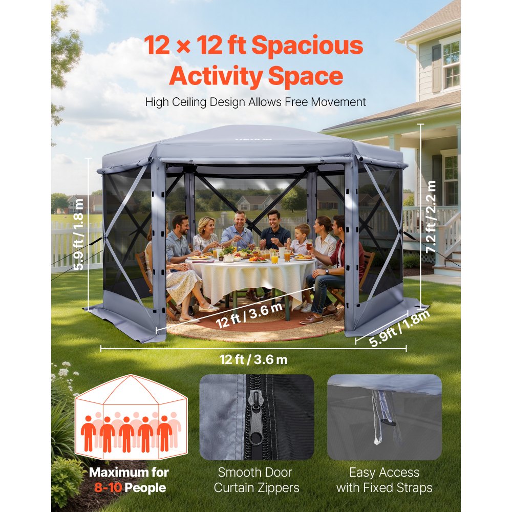VEVOR Pop-up Paviljoen, 3,6 x 3,6 x 2,2 m, Grote 6-zijdige kampeertent met afneembaar dak en draagtas, feesttent, zonnescherm voor 8-10 personen, voor tuin, terras en patio