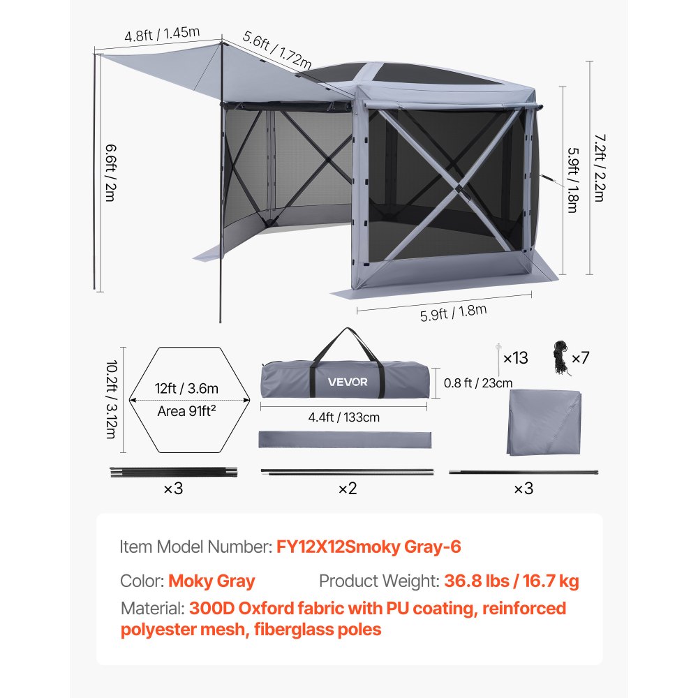 VEVOR Pop-up Paviljoen, 3,6 x 3,6 x 2,2 m, Grote 6-zijdige kampeertent met afneembaar dak en draagtas, feesttent, zonnescherm voor 8-10 personen, voor tuin, terras en patio