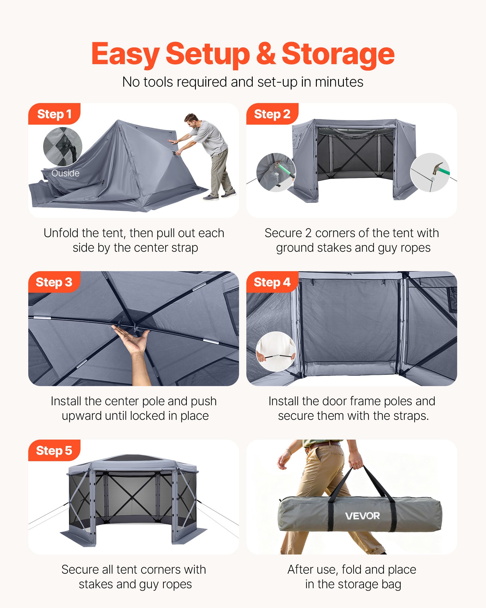 VEVOR Pop-up Paviljoen, 3,6 x 3,6 x 2,2 m, Grote 6-zijdige kampeertent met afneembaar dak en draagtas, feesttent, zonnescherm voor 8-10 personen, voor tuin, terras en patio