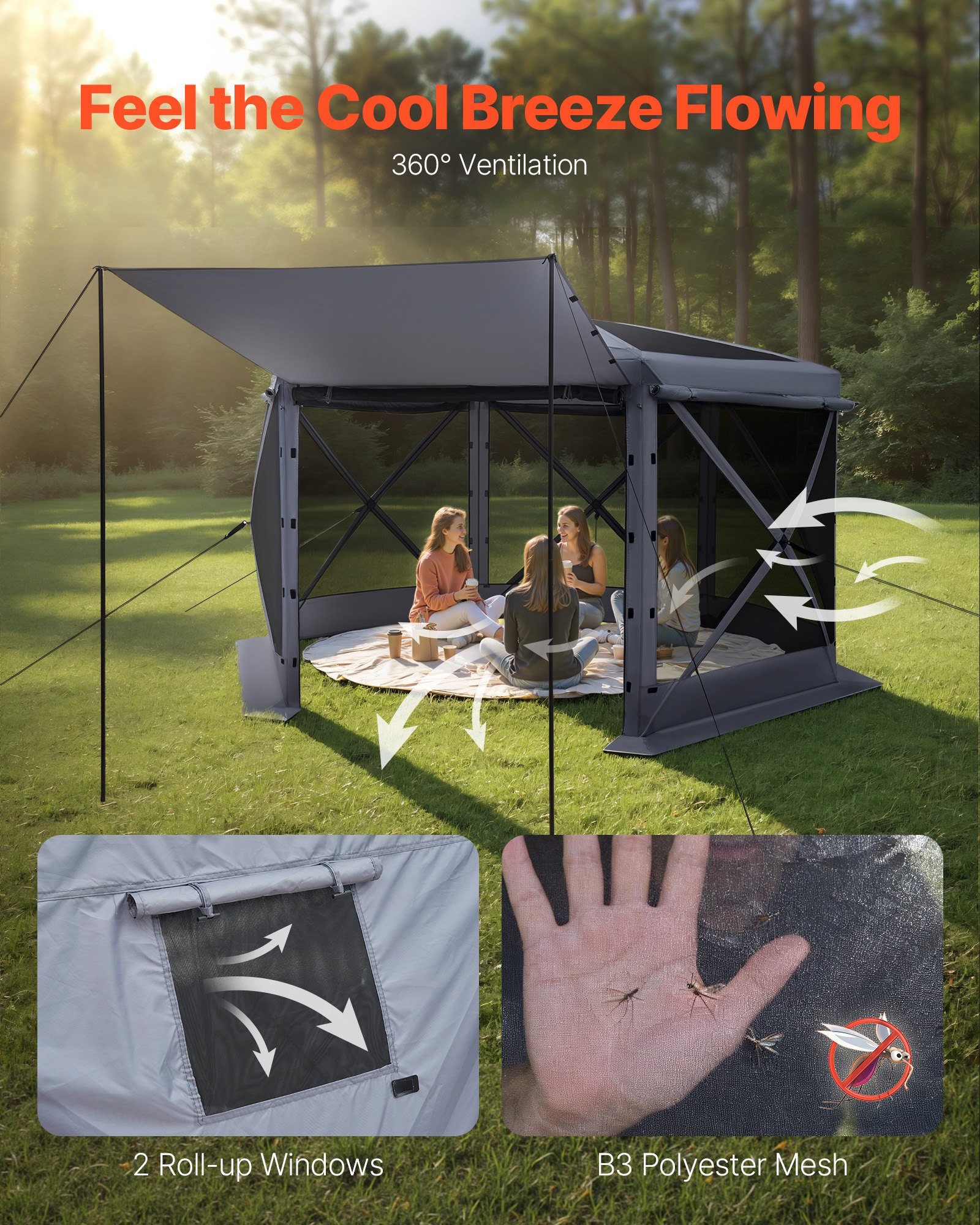 VEVOR Pop-up Paviljoen, 3,6 x 3,6 x 2,2 m, Grote 6-zijdige kampeertent met afneembaar dak en draagtas, feesttent, zonnescherm voor 8-10 personen, voor tuin, terras en patio