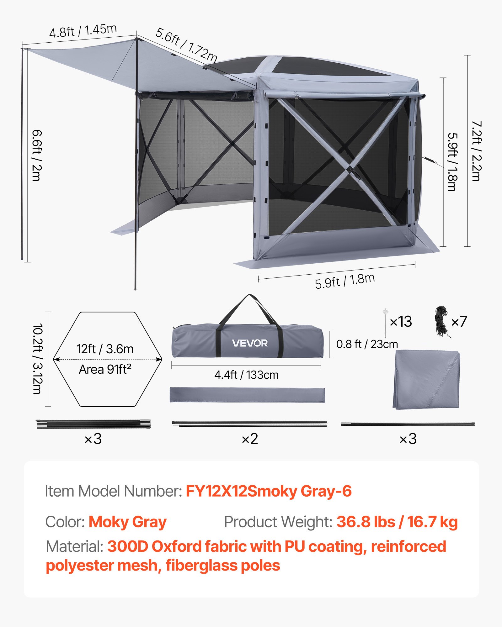 VEVOR Pop-up Paviljoen, 3,6 x 3,6 x 2,2 m, Grote 6-zijdige kampeertent met afneembaar dak en draagtas, feesttent, zonnescherm voor 8-10 personen, voor tuin, terras en patio