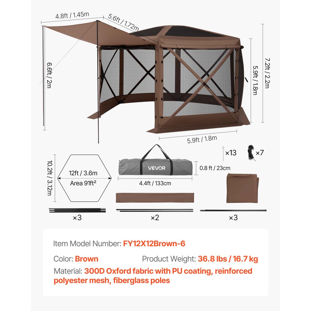 VEVOR Pop-up Paviljoen, 3,6 x 3,6 m, 6-zijdige campingtent met afneembaar dak en draagtas, zonnescherm voor 8-10 personen, partytent voor tuin en terras, bruin