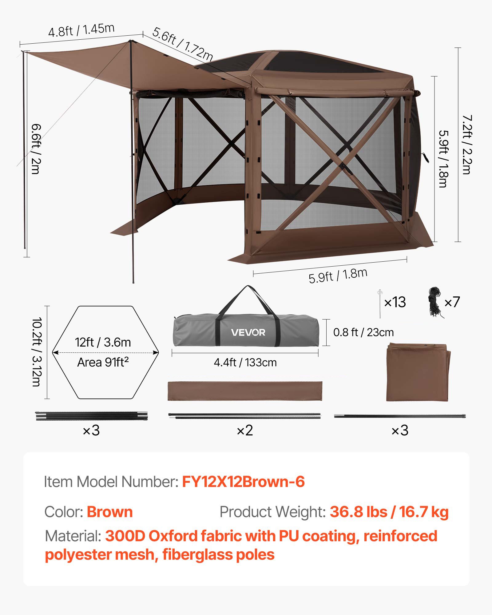 VEVOR Pop-up Paviljoen, 3,6 x 3,6 m, 6-zijdige campingtent met afneembaar dak en draagtas, zonnescherm voor 8-10 personen, partytent voor tuin en terras, bruin