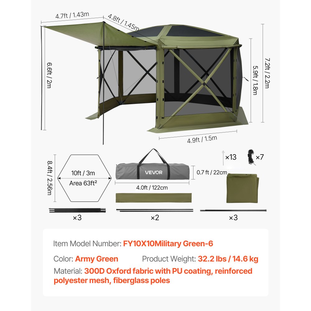 VEVOR Pop-up Paviljoen, 3 x 3 m, Grote 6-zijdige Campingtent met Afneembaar Dak & Draagtas, Feesttent, Zonnescherm voor 6-8 Personen op Terras en Tuin, Groen