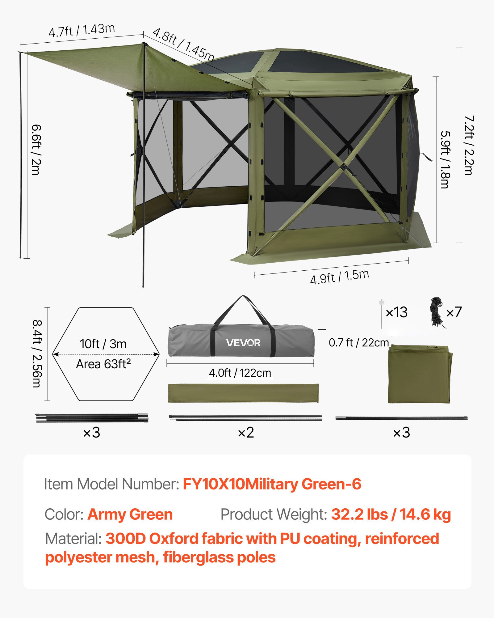 VEVOR Pop-up Paviljoen, 3 x 3 m, Grote 6-zijdige Campingtent met Afneembaar Dak & Draagtas, Feesttent, Zonnescherm voor 6-8 Personen op Terras en Tuin, Groen