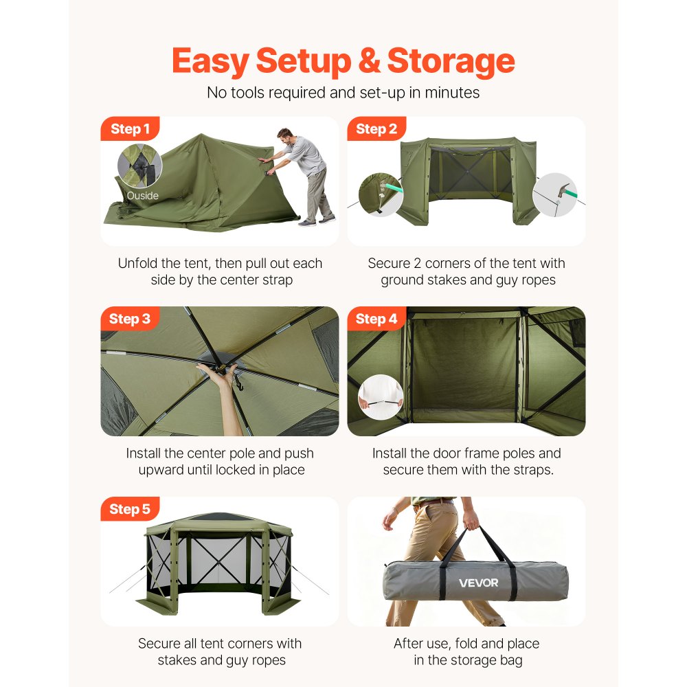 VEVOR Pop-up Paviljoen, 3,6 x 3,6 m, Grote 6-zijdige campingtent met afneembaar dak en draagtas, partytent, zonnescherm voor 8-10 personen, voor tuin en terras, groen