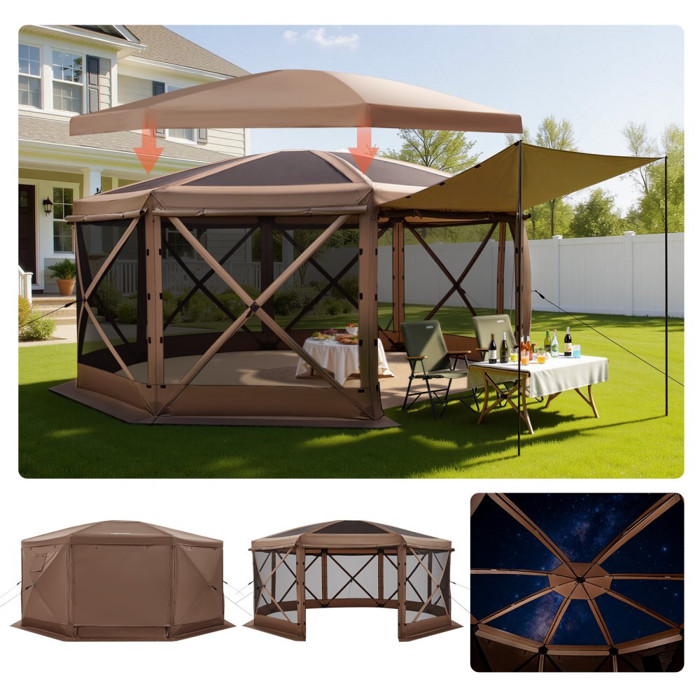 VEVOR Pop-up Paviljoen, 4,57 x 4,57 m, Grote 8-zijdige kampeertent met afneembaar dak en draagtas, feesttent, zonnescherm voor 12-15 personen, voor tuin en terras, bruin