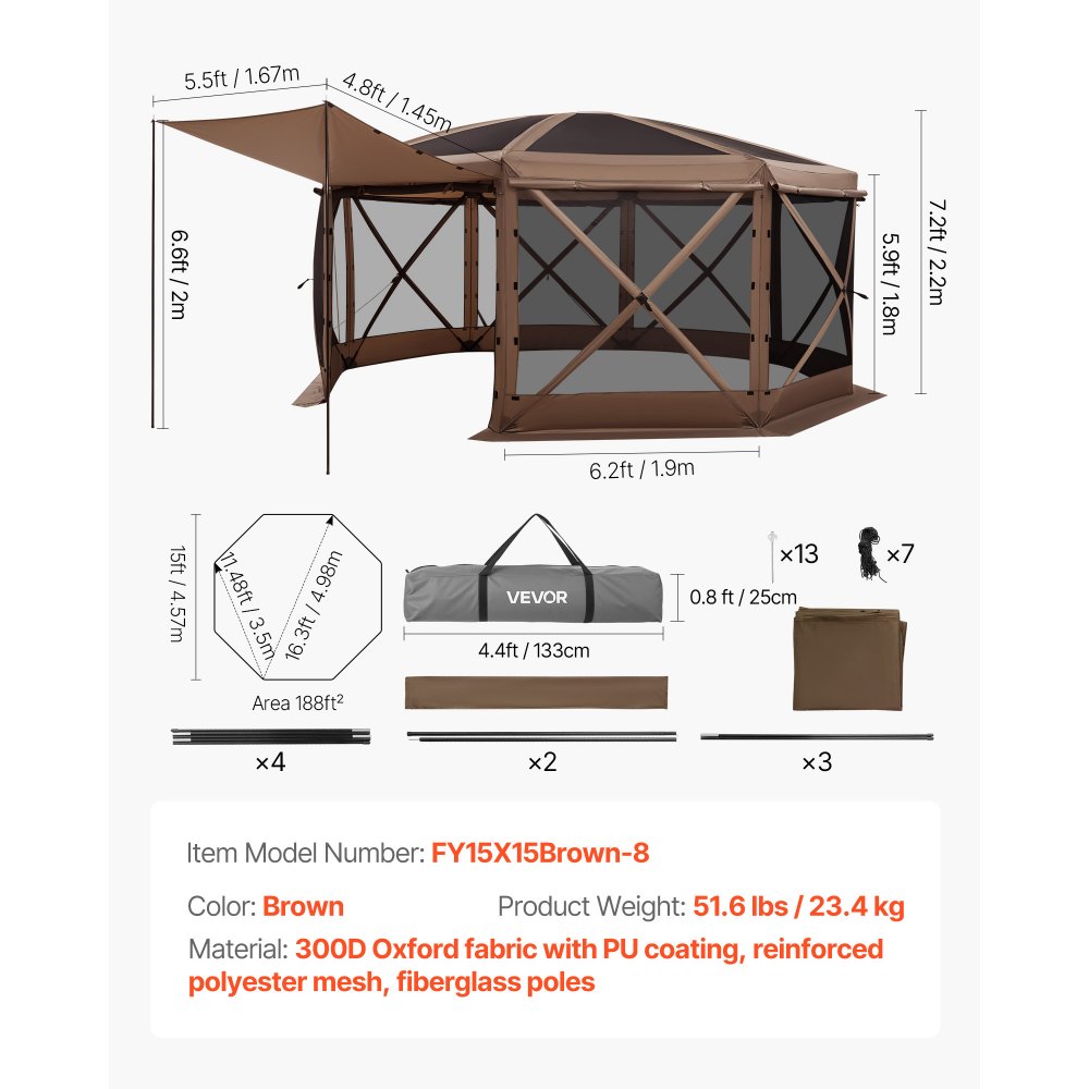 VEVOR Pop-up Paviljoen, 4,57 x 4,57 m, Grote 8-zijdige kampeertent met afneembaar dak en draagtas, feesttent, zonnescherm voor 12-15 personen, voor tuin en terras, bruin