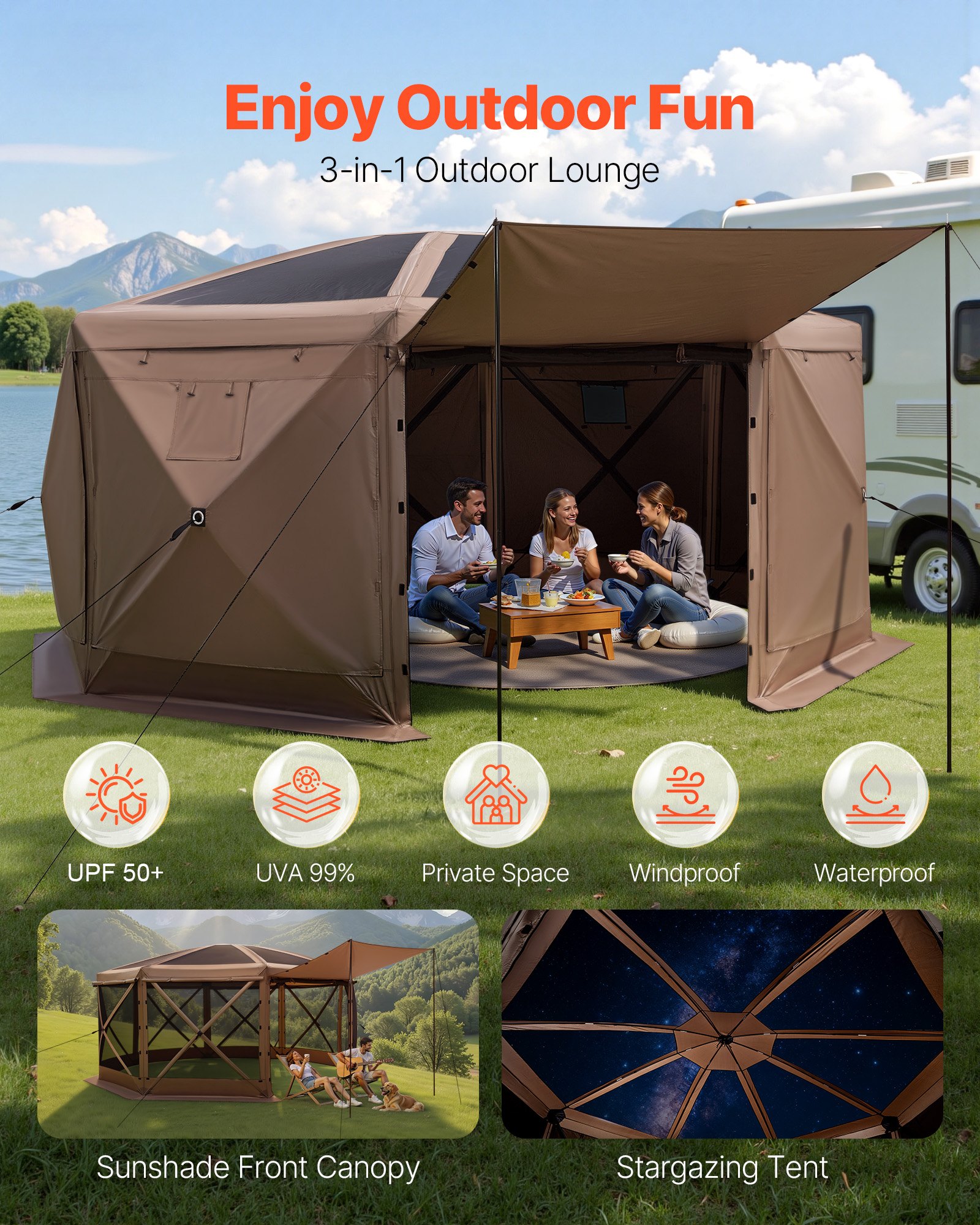 VEVOR Pop-up Paviljoen, 4,57 x 4,57 m, Grote 8-zijdige kampeertent met afneembaar dak en draagtas, feesttent, zonnescherm voor 12-15 personen, voor tuin en terras, bruin