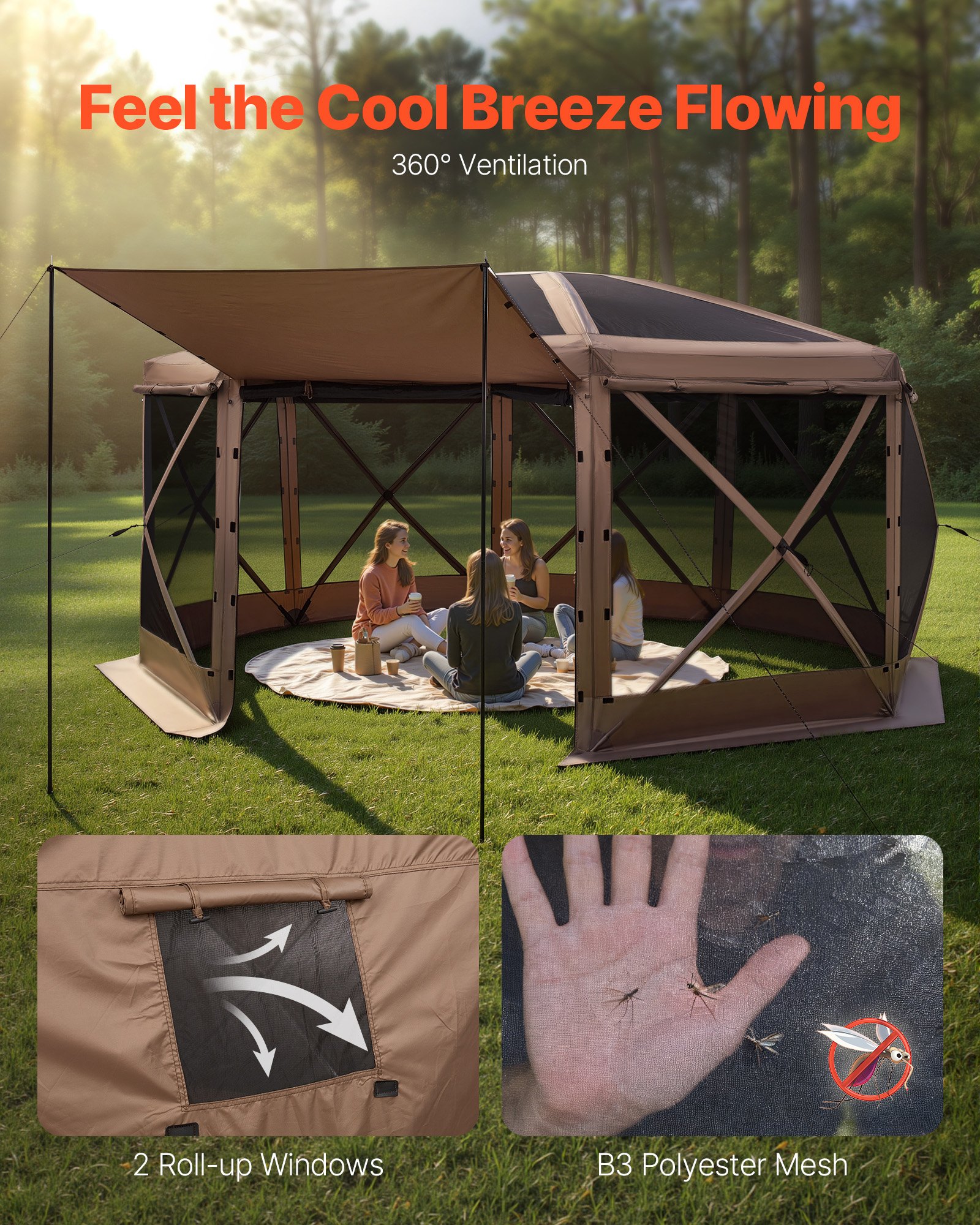 VEVOR Pop-up Paviljoen, 4,57 x 4,57 m, Grote 8-zijdige kampeertent met afneembaar dak en draagtas, feesttent, zonnescherm voor 12-15 personen, voor tuin en terras, bruin