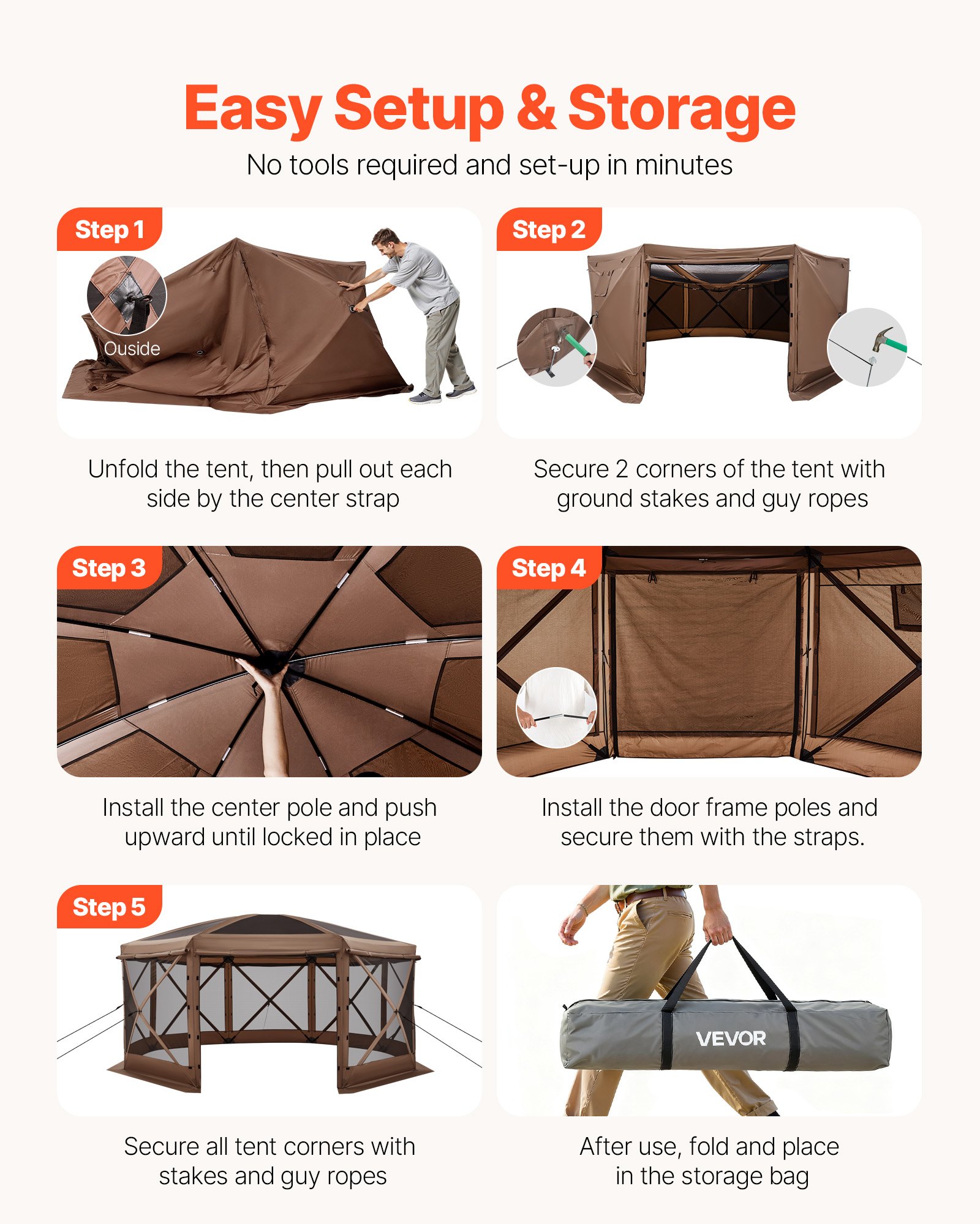VEVOR Pop-up Paviljoen, 4,57 x 4,57 m, Grote 8-zijdige kampeertent met afneembaar dak en draagtas, feesttent, zonnescherm voor 12-15 personen, voor tuin en terras, bruin