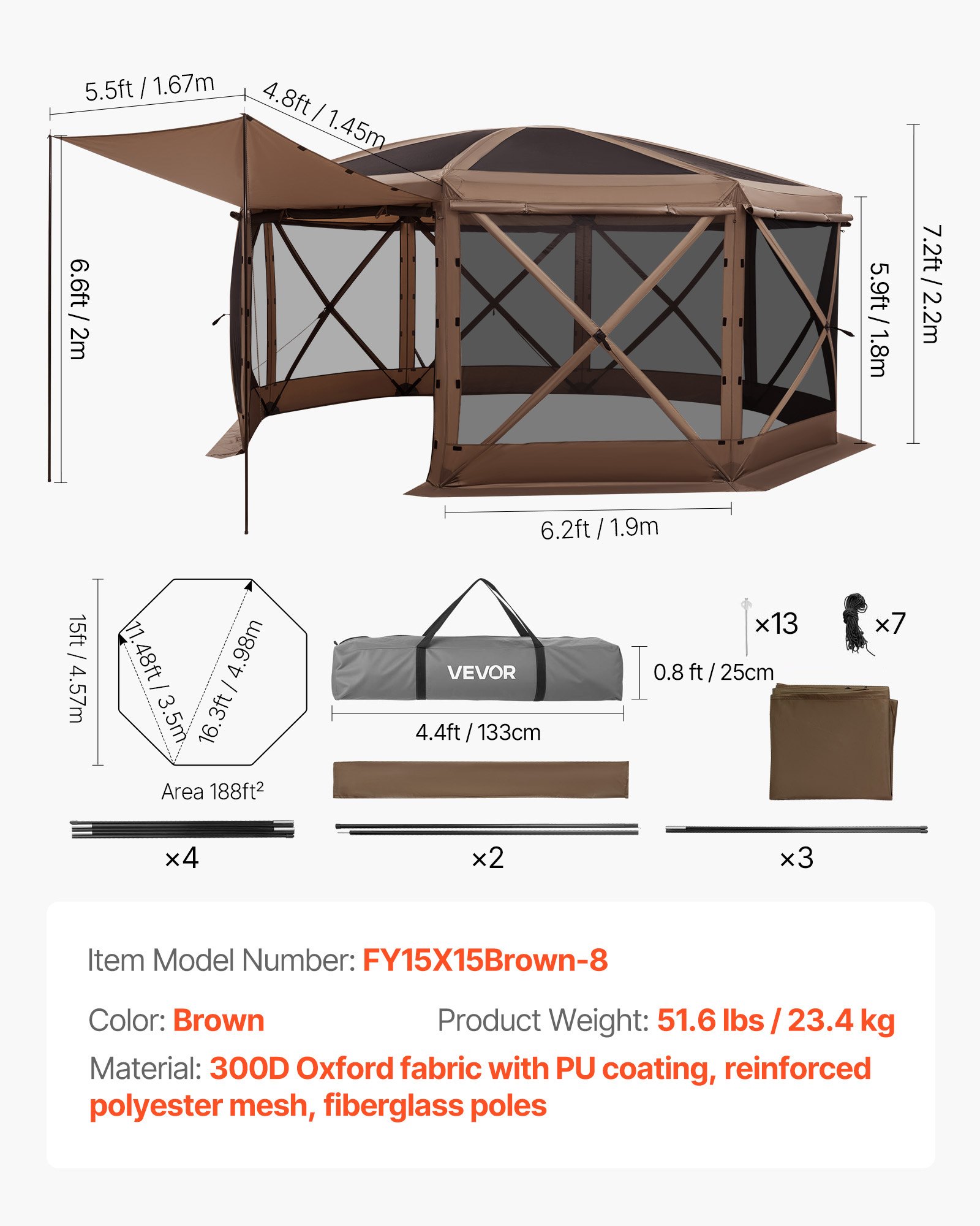 VEVOR Pop-up Paviljoen, 4,57 x 4,57 m, Grote 8-zijdige kampeertent met afneembaar dak en draagtas, feesttent, zonnescherm voor 12-15 personen, voor tuin en terras, bruin