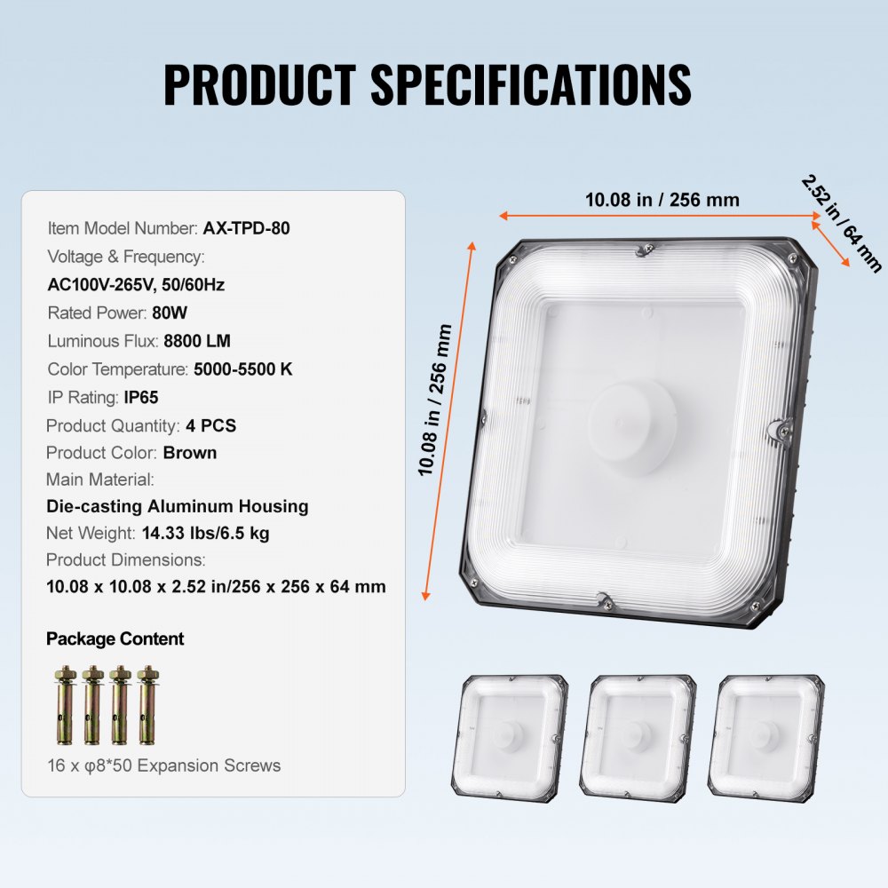 VEVOR 4-pack LED-luifelverlichting, 80W 8800lm 5000K daglicht, commerciële en industriële luifelverlichting voor buiten, 10,08 x 10,08 inch opbouwplafondverlichting voor tankstation, magazijn, garage, straat, winkel, IP65