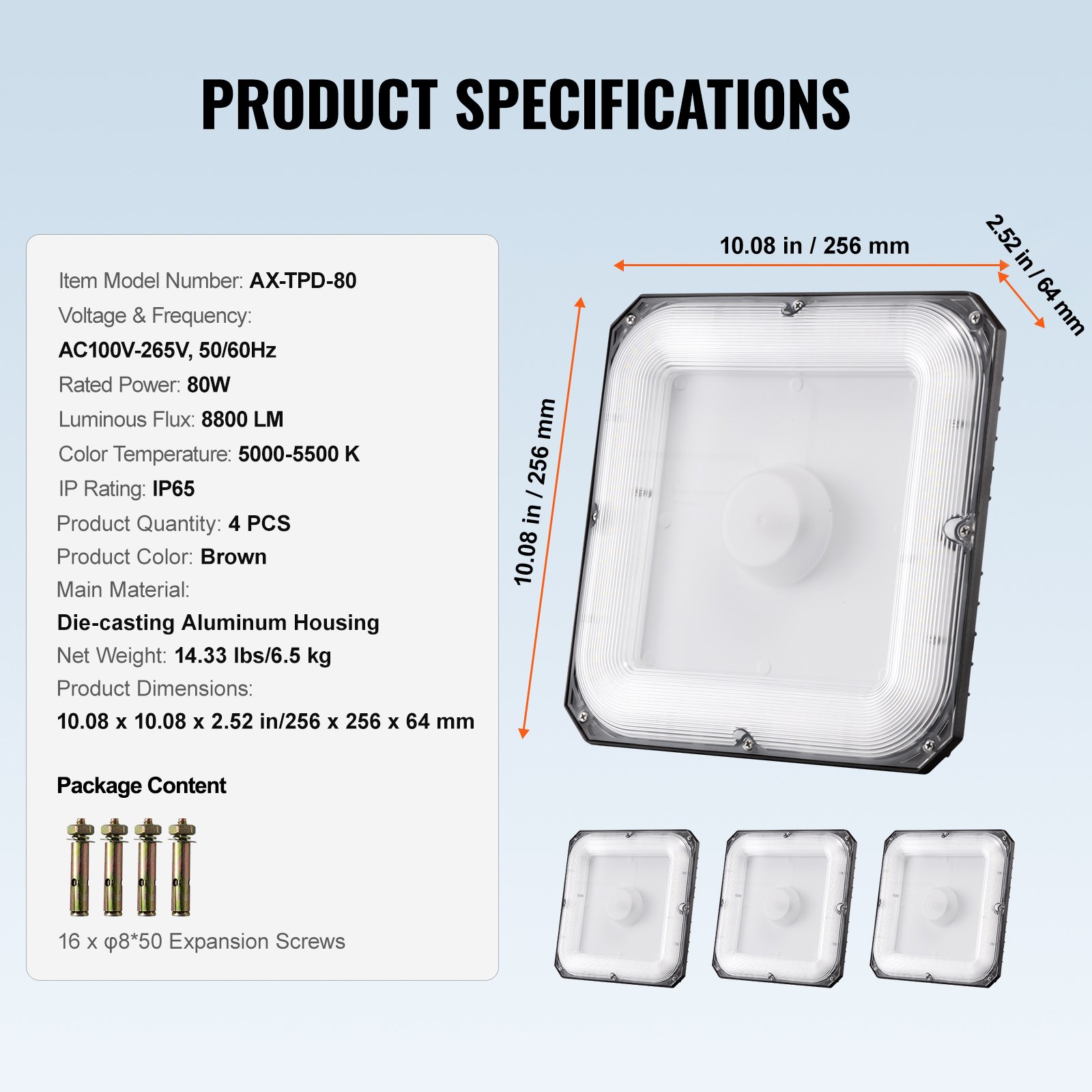 VEVOR 4-pack LED-luifelverlichting, 80W 8800lm 5000K daglicht, commerciële en industriële luifelverlichting voor buiten, 10,08 x 10,08 inch opbouwplafondverlichting voor tankstation, magazijn, garage, straat, winkel, IP65