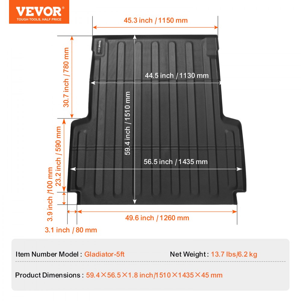 VEVOR Truck Bed Mat, Compatible with 2020-2024 JEEP Gladiator, TPE Truck Bed Liner Mat Fits for 5 FT Bed, Thick and Heavy-Duty Bed Mat Car Accessories for All-Weather Protection, Prevent Slipping