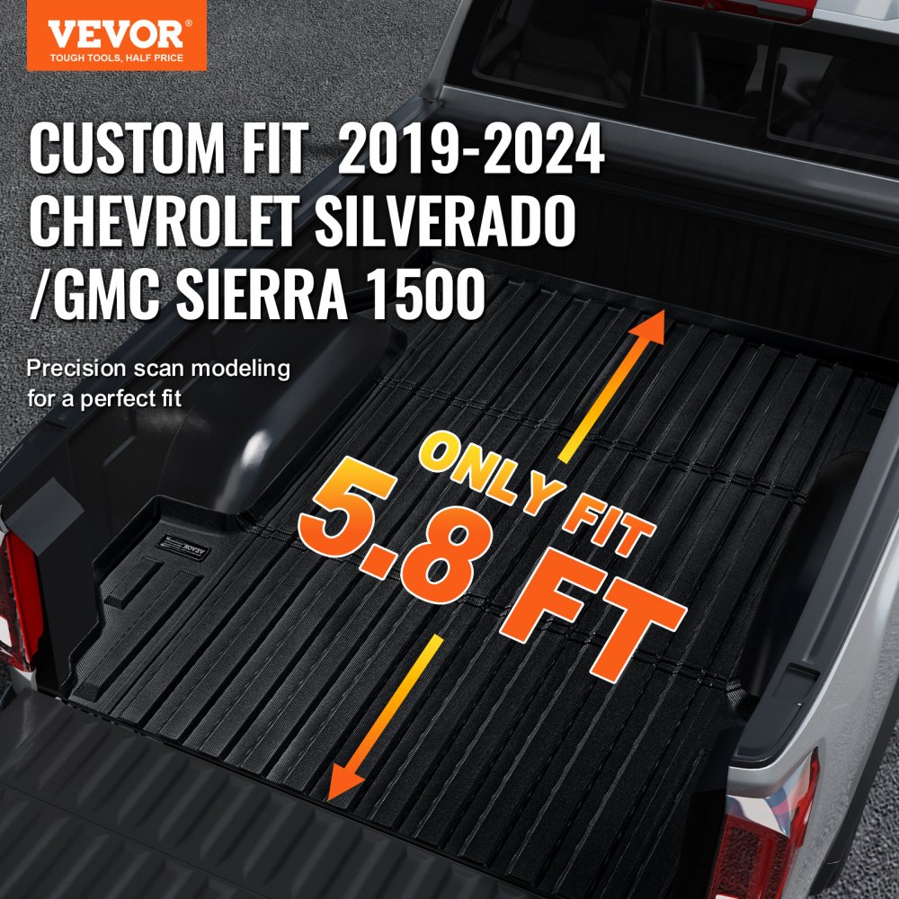 VEVOR Truck Bed Mat Compatibel met 2019-2024 Chevrolet Silverado/GMC Sierra 1500, TPE Truck Bed Mat 1510 x 1435 x 45 mm, Zwarte Dikke Matras Bed Mat