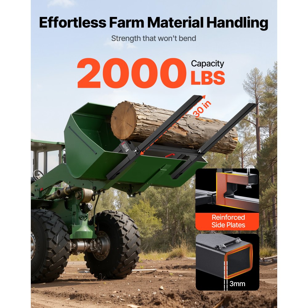 VEVOR palletvorken 907 kg, klemvorkdrager, totale lengte 1090 mm, vorken met verstelbare stabilisatiestang voor tractoraccessoires, shovels en compacte laders, zwart