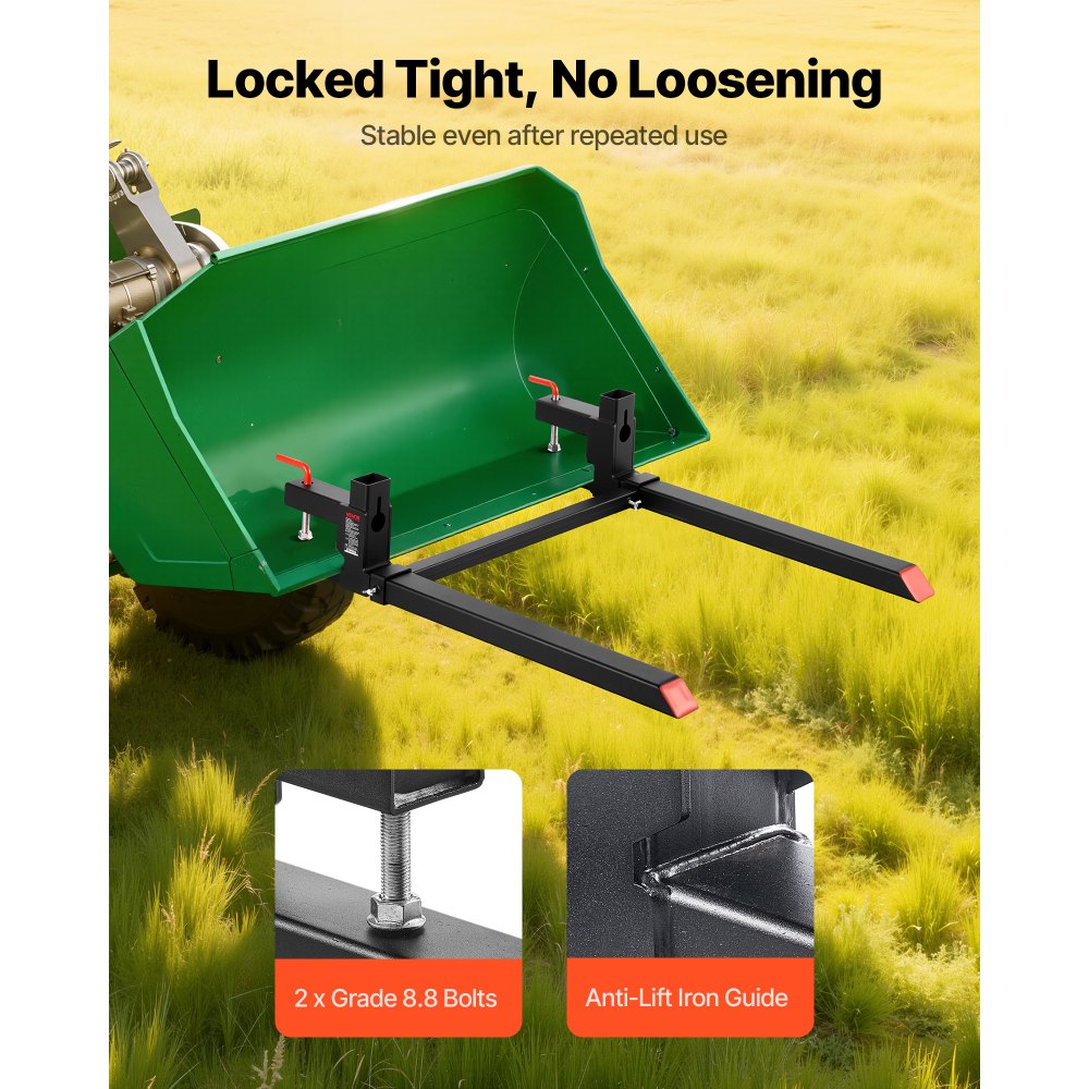 VEVOR palletvorken 907 kg, klemvorkdrager, totale lengte 1090 mm, vorken met verstelbare stabilisatiestang voor tractoraccessoires, shovels en compacte laders, zwart