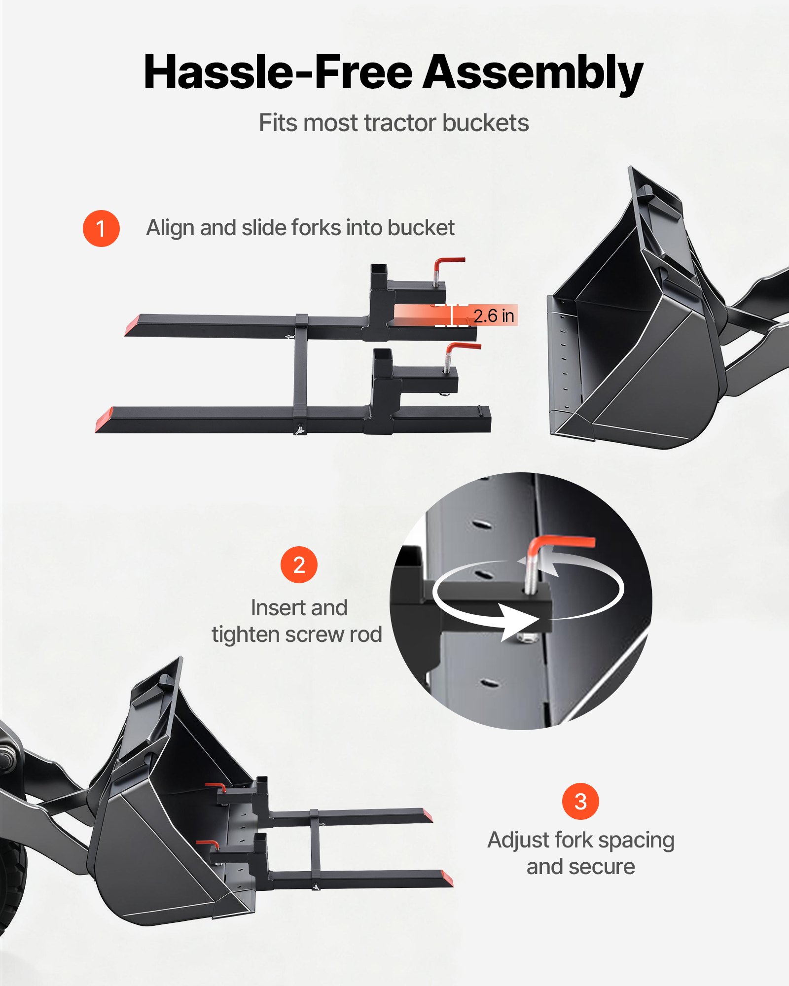 VEVOR palletvorken 907 kg, klemvorkdrager, totale lengte 1090 mm, vorken met verstelbare stabilisatiestang voor tractoraccessoires, shovels en compacte laders, zwart