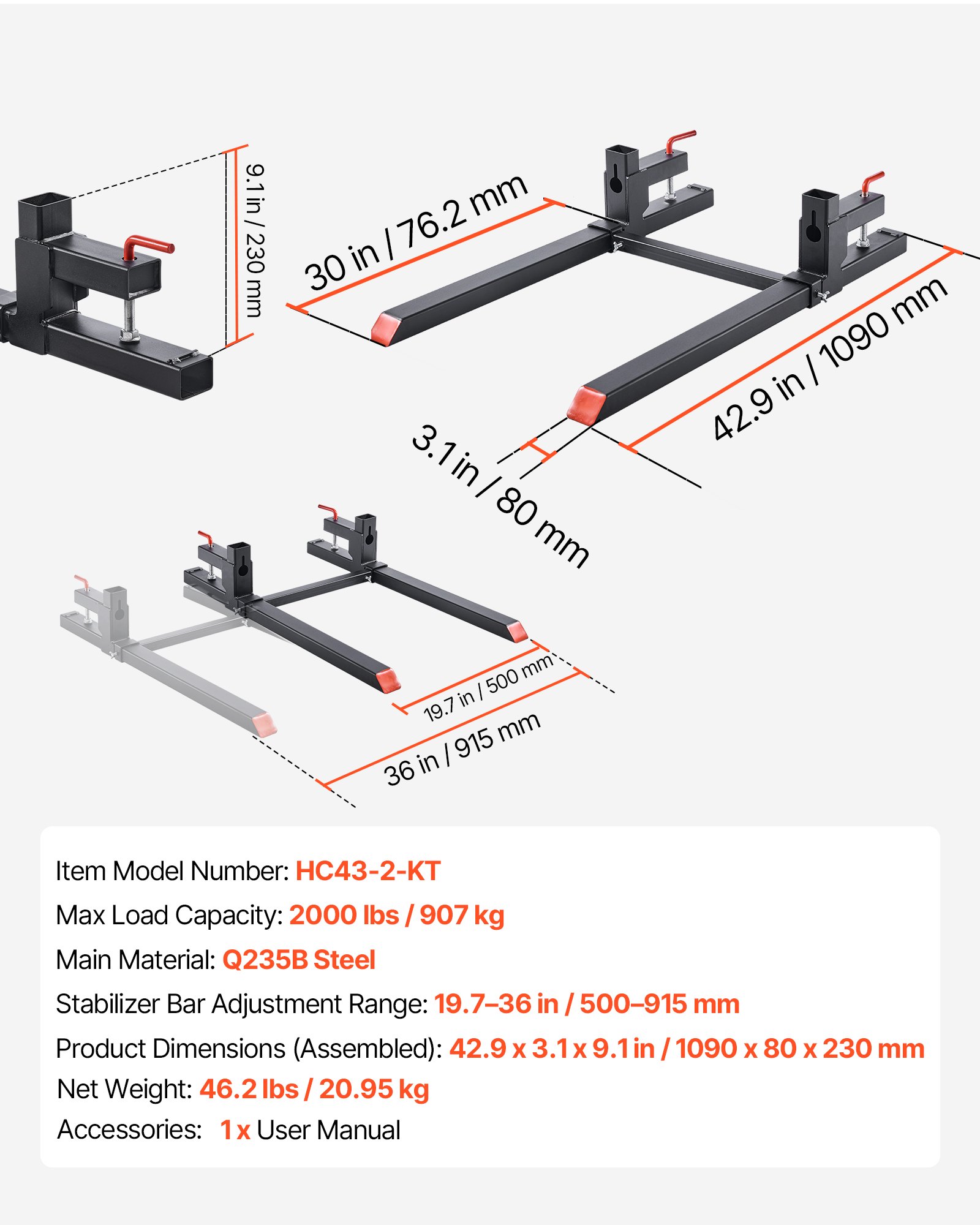 VEVOR palletvorken 907 kg, klemvorkdrager, totale lengte 1090 mm, vorken met verstelbare stabilisatiestang voor tractoraccessoires, shovels en compacte laders, zwart