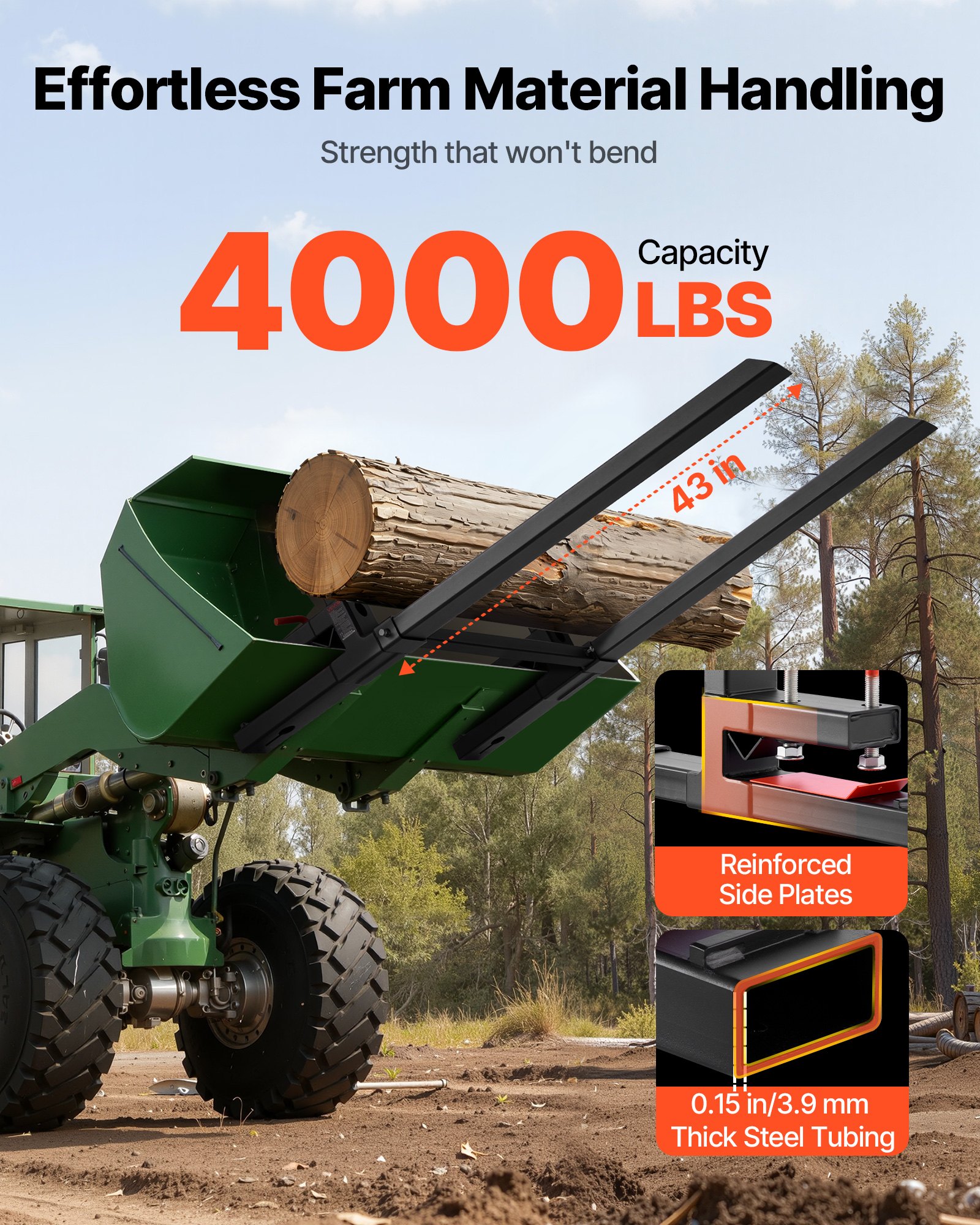 VEVOR palletvorken, 1814 kg capaciteit, klemvorkdrager, 1490 mm totale lengte, vorken met verstelbare stabilisatorstang voor tractoraccessoires, laadschop en compacte lader, zwart